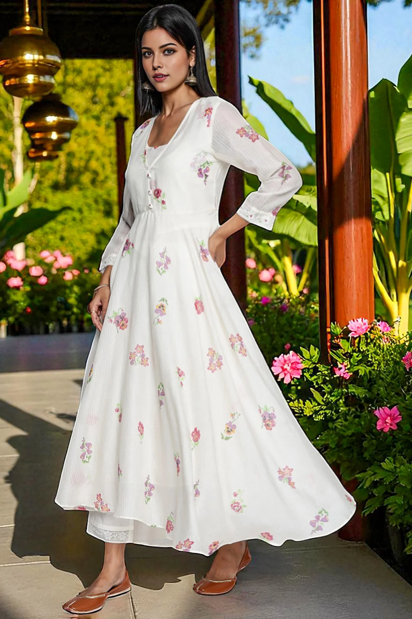 Ecru Printed Kota Flared Kurta, Straight Pant and Dupatta Set - Image 3