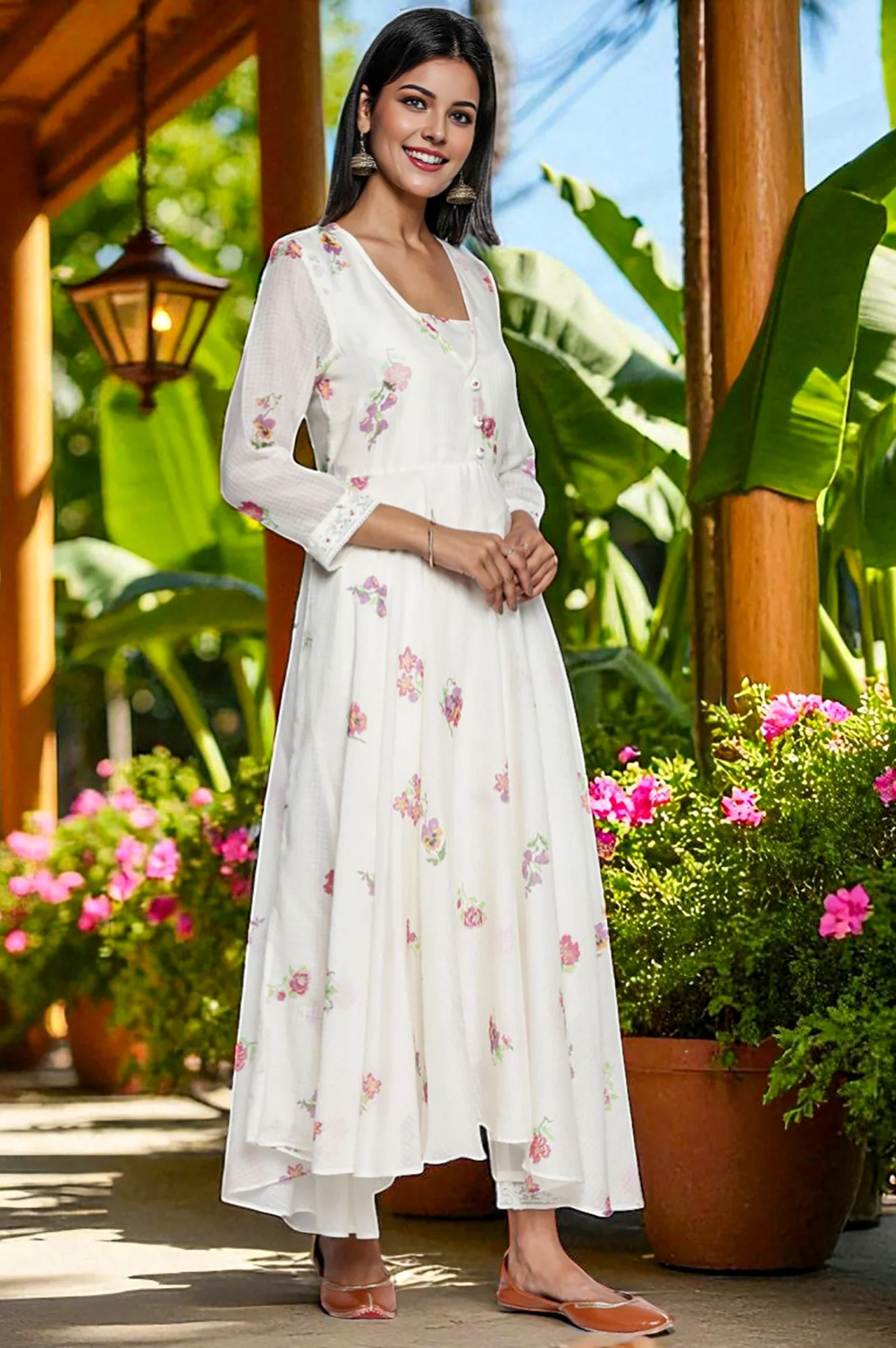 Ecru Printed Kota Flared Kurta, Straight Pant and Dupatta Set - Image 5