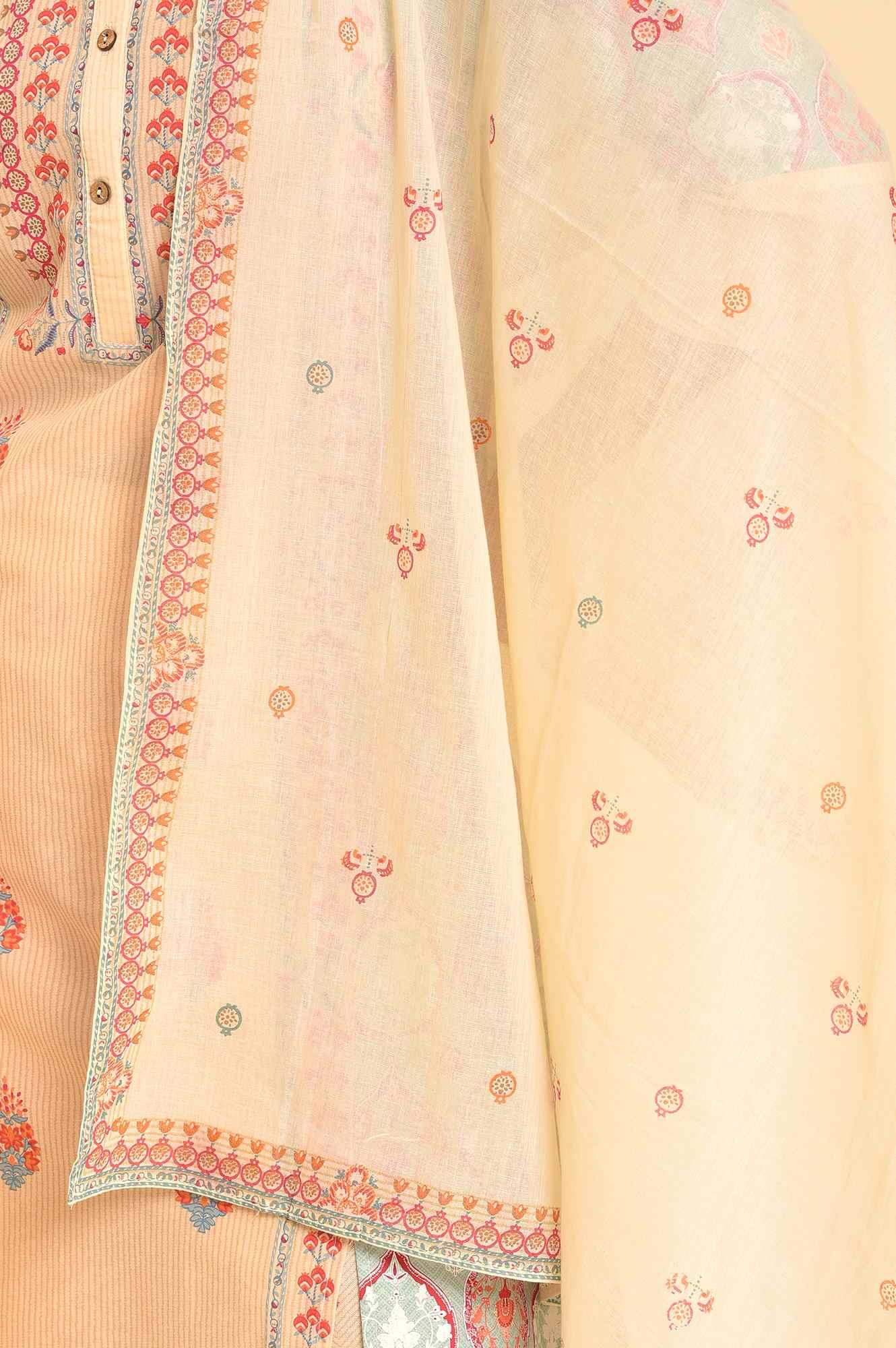 Ecru Printed Kurta, Parallel Pants And Dupatta Set - Image 10