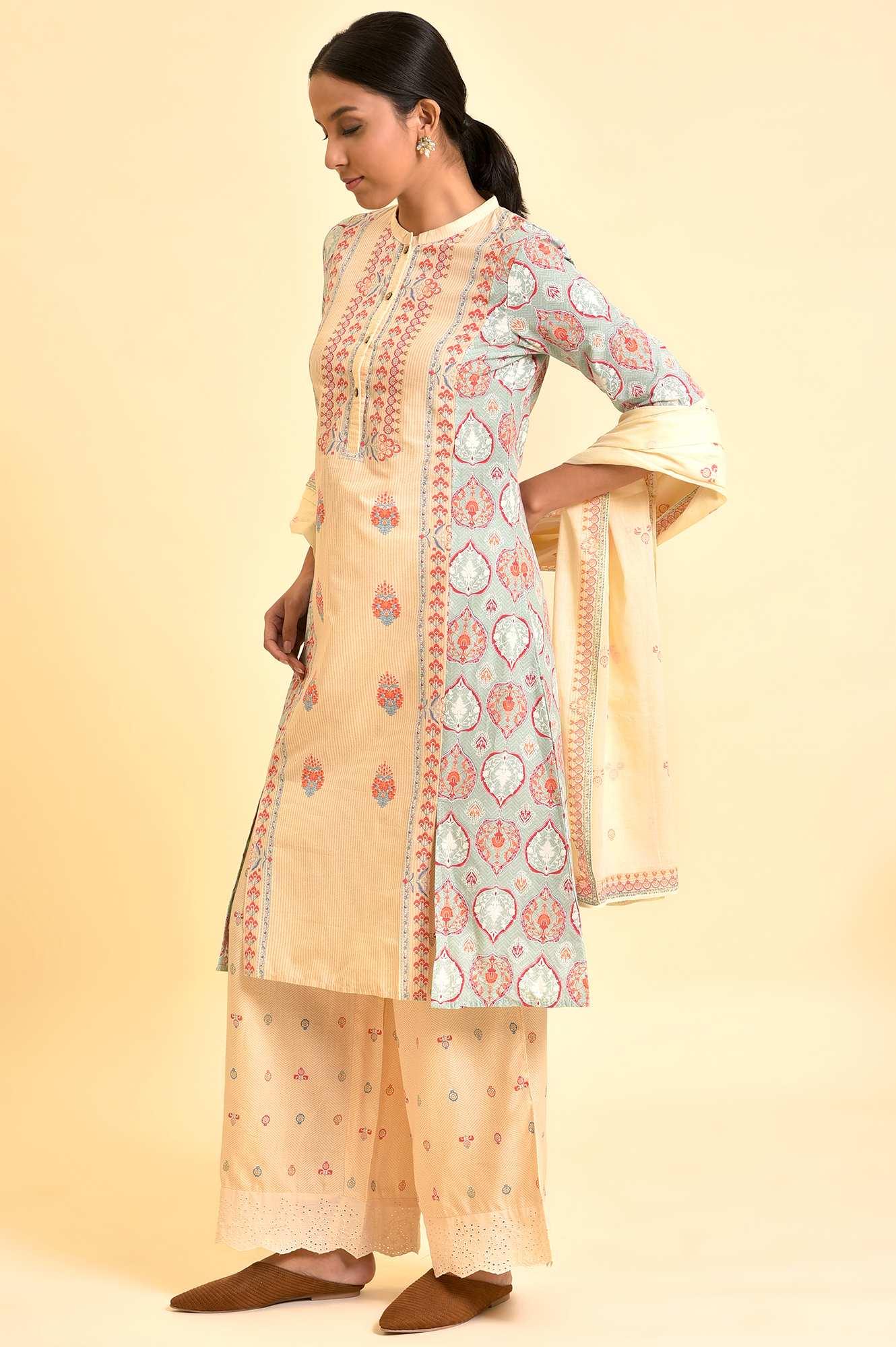 Ecru Printed Kurta, Parallel Pants And Dupatta Set - Image 4