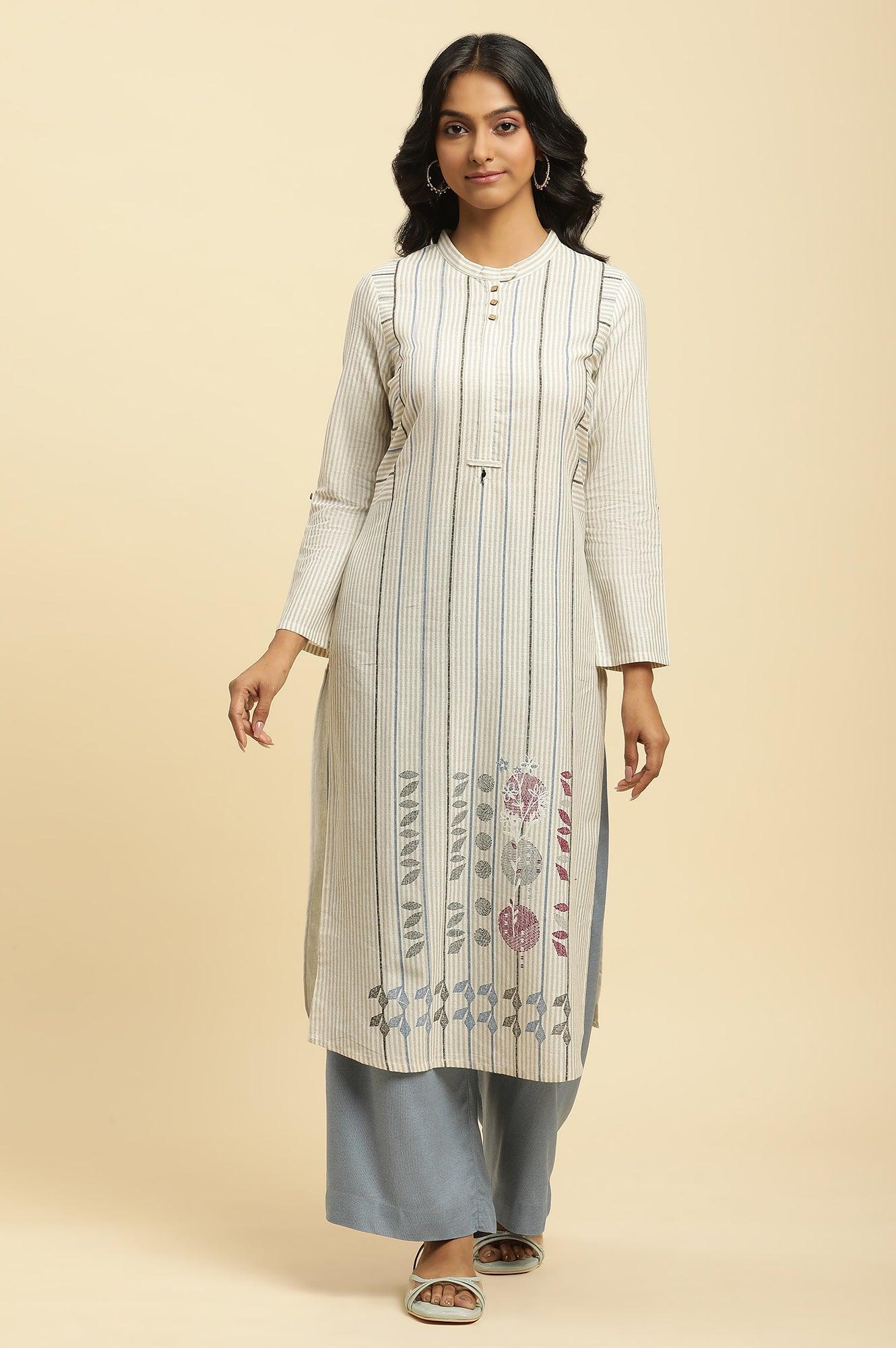 Ecru Printed Kurta With Blue Denim Parallel Pants - Image 2