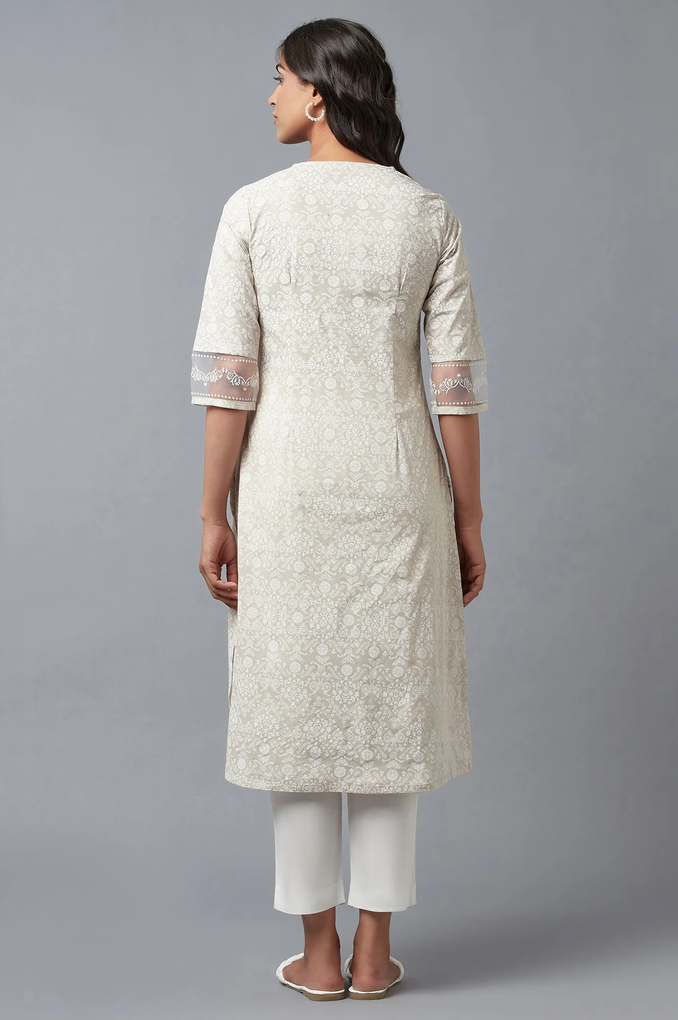 Ecru Printed kurta With Embroidery - Image 2