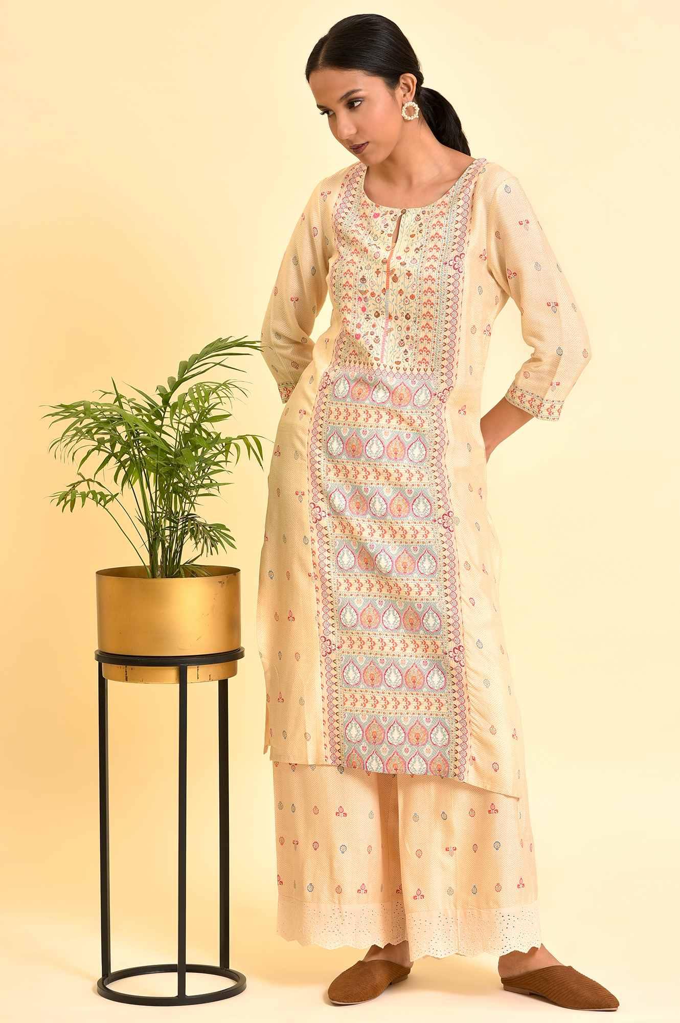 Ecru Printed Panelled Kurta And Parallel Pants Set