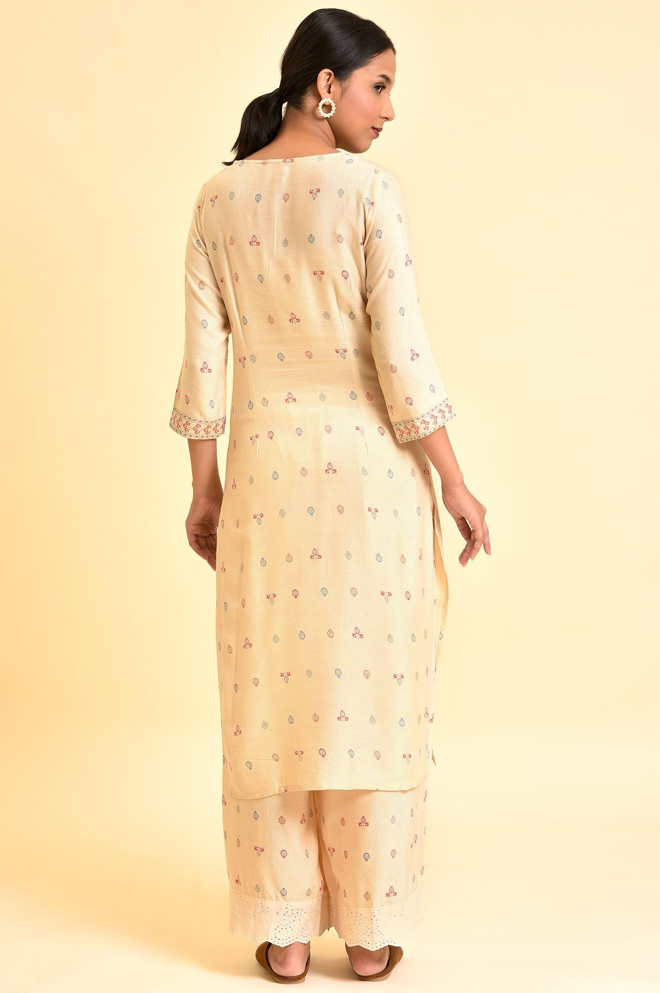 Ecru Printed Panelled Kurta And Parallel Pants Set - Image 3