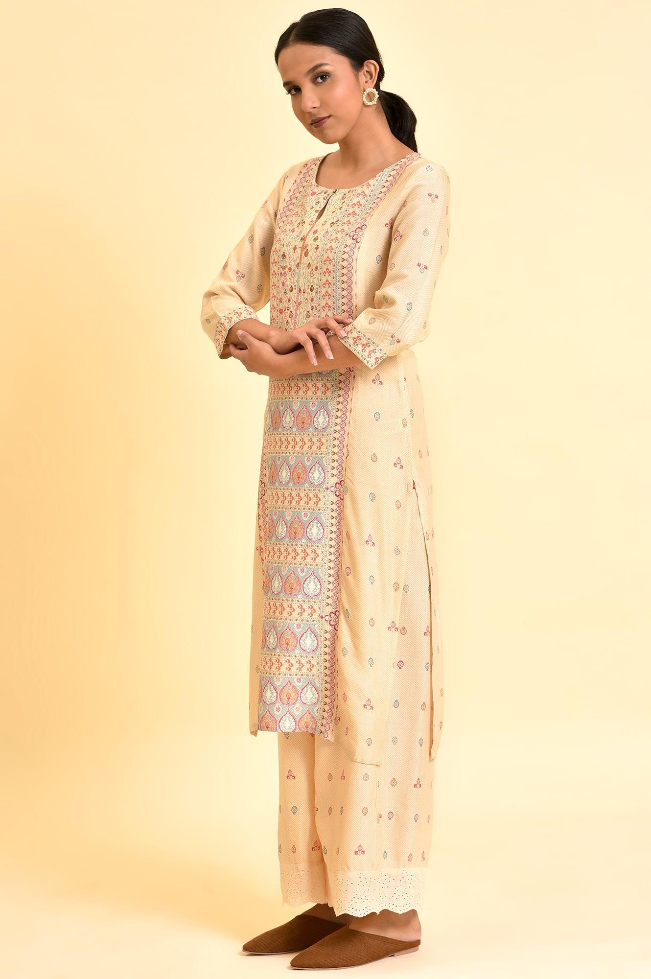 Ecru Printed Panelled Kurta And Parallel Pants Set - Image 4