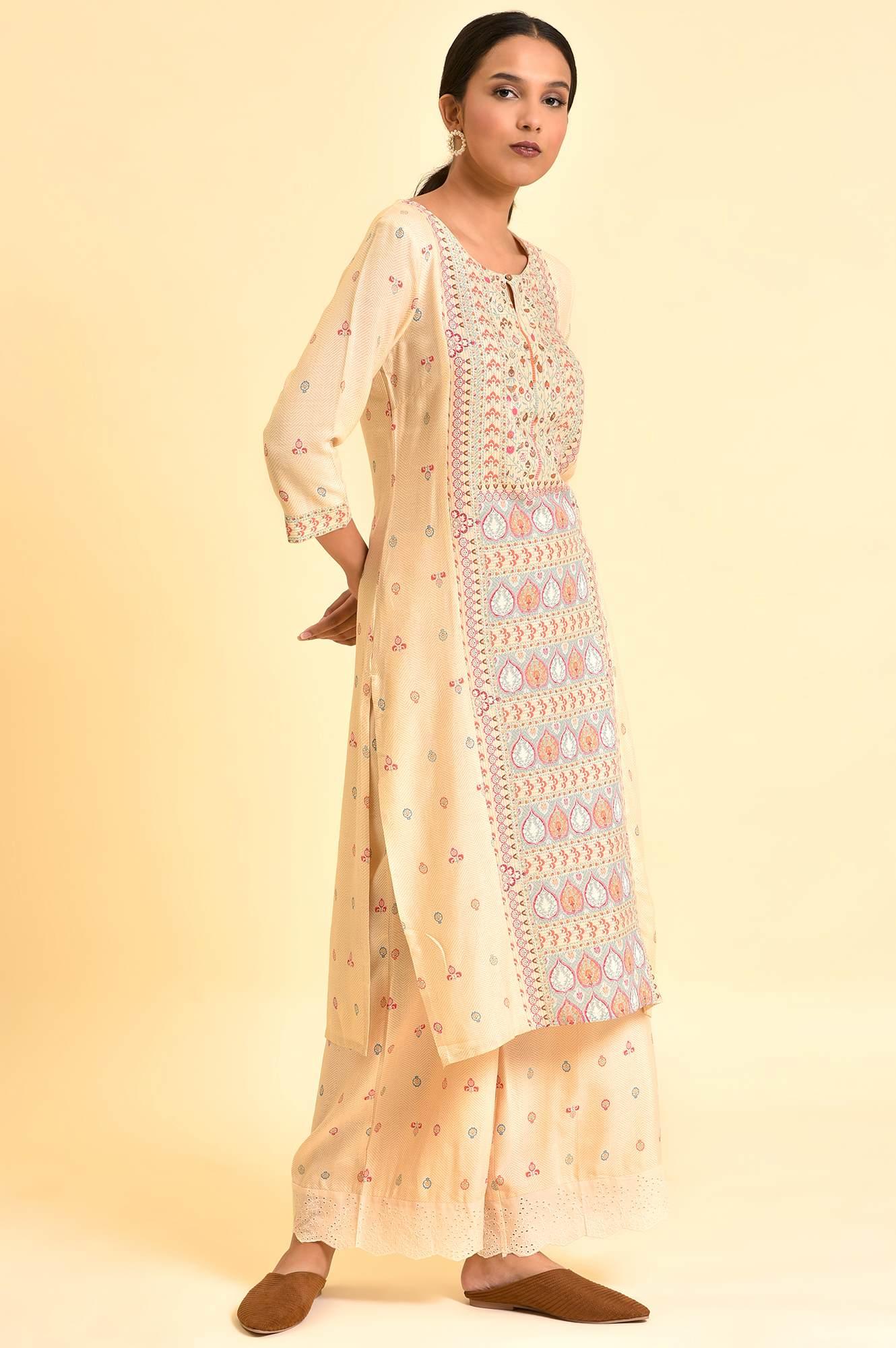 Ecru Printed Panelled Kurta And Parallel Pants Set - Image 5