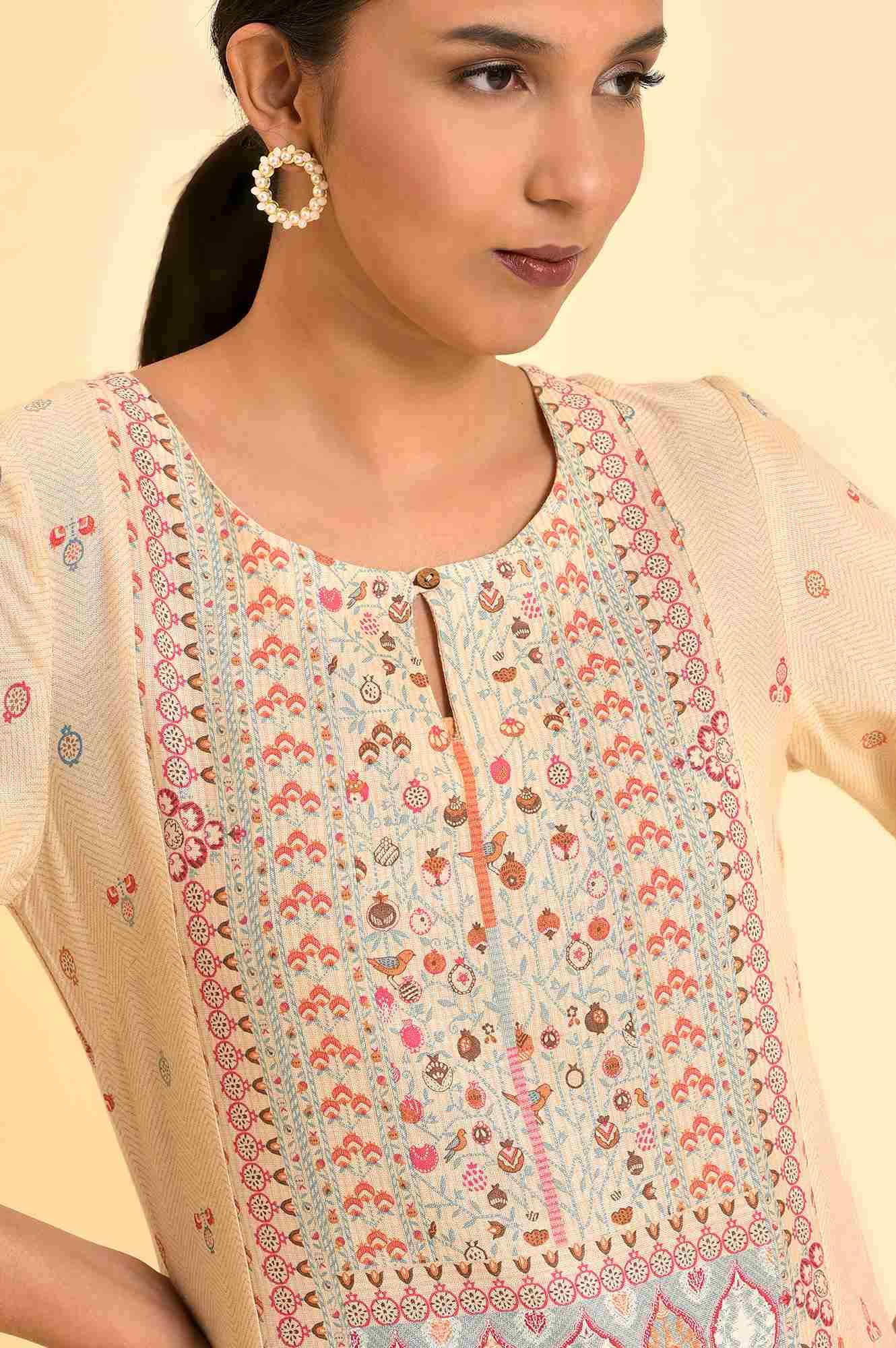 Ecru Printed Panelled Kurta And Parallel Pants Set - Image 6