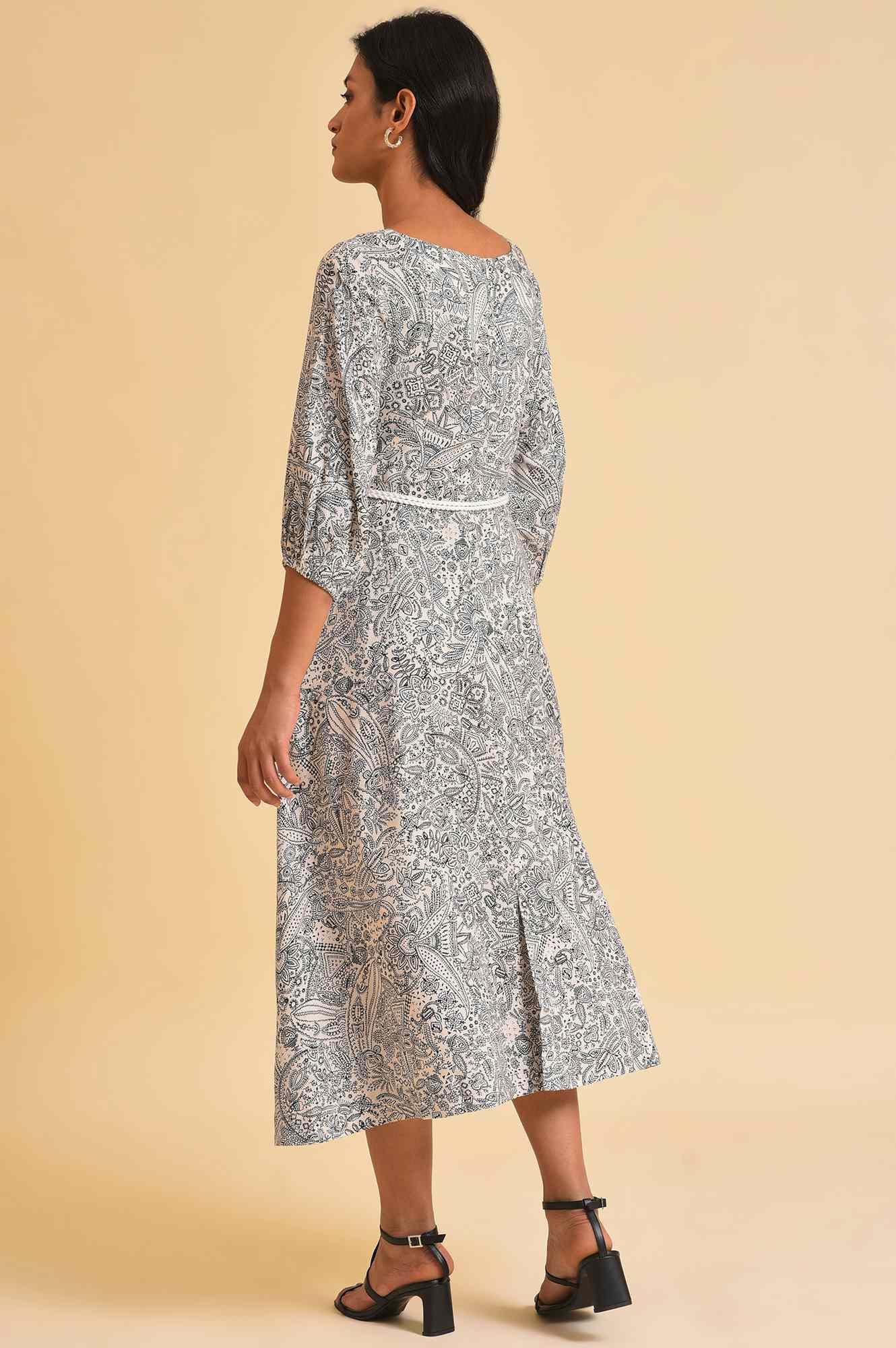 Ecru Printed Rayon Moss Dress With Belt - Image 2