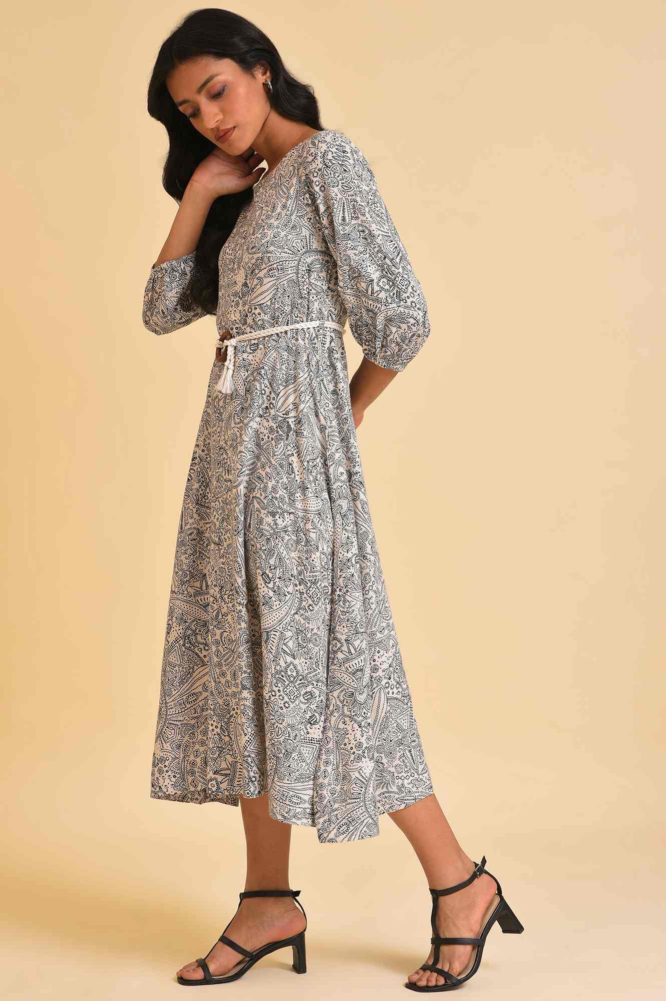 Ecru Printed Rayon Moss Dress With Belt - Image 3