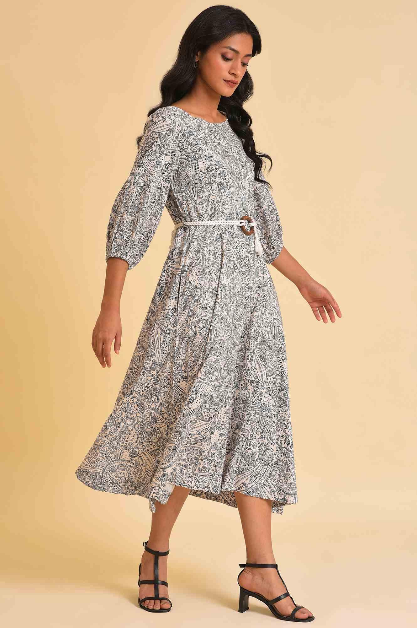 Ecru Printed Rayon Moss Dress With Belt - Image 4