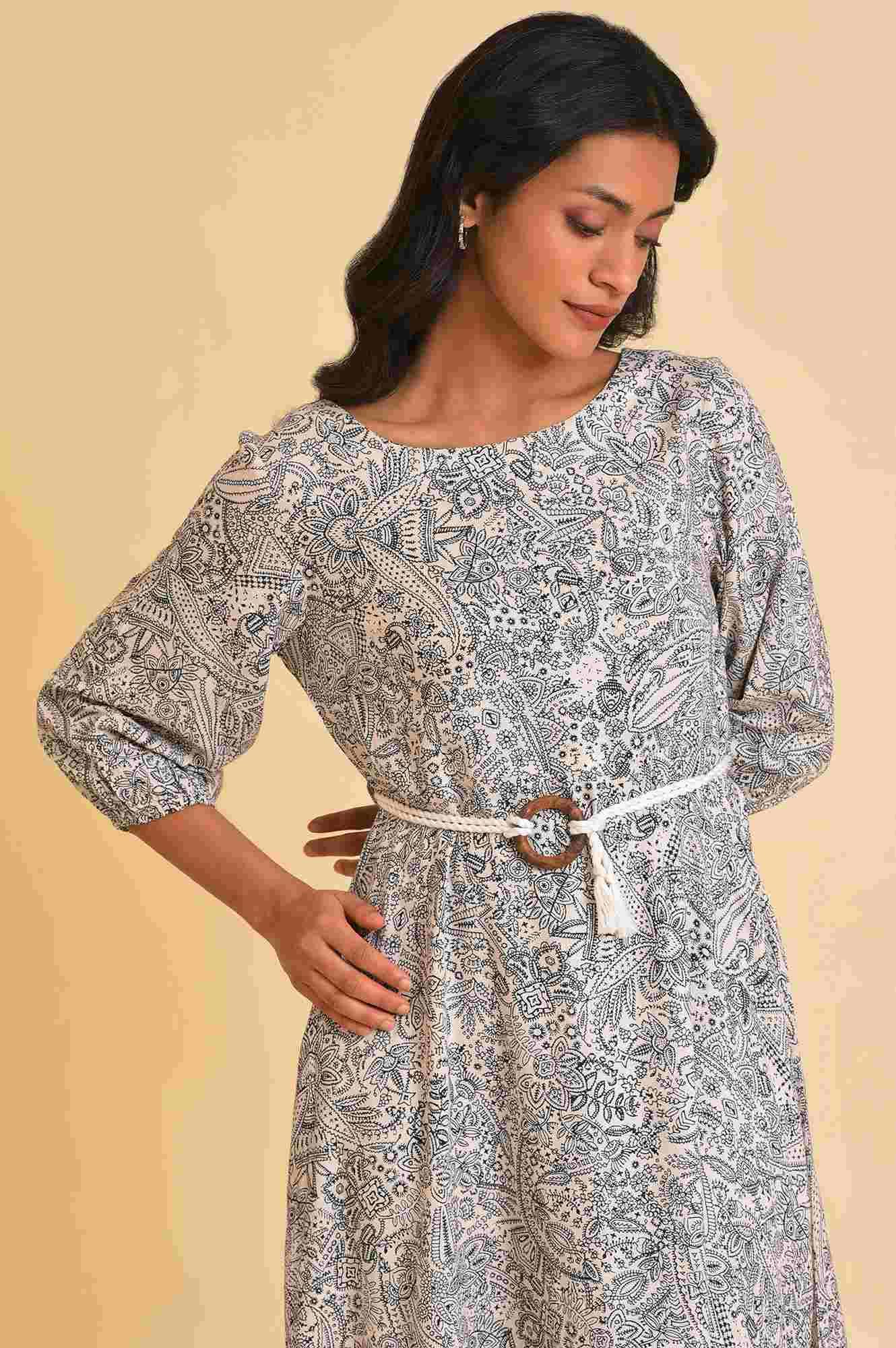 Ecru Printed Rayon Moss Dress With Belt - Image 5