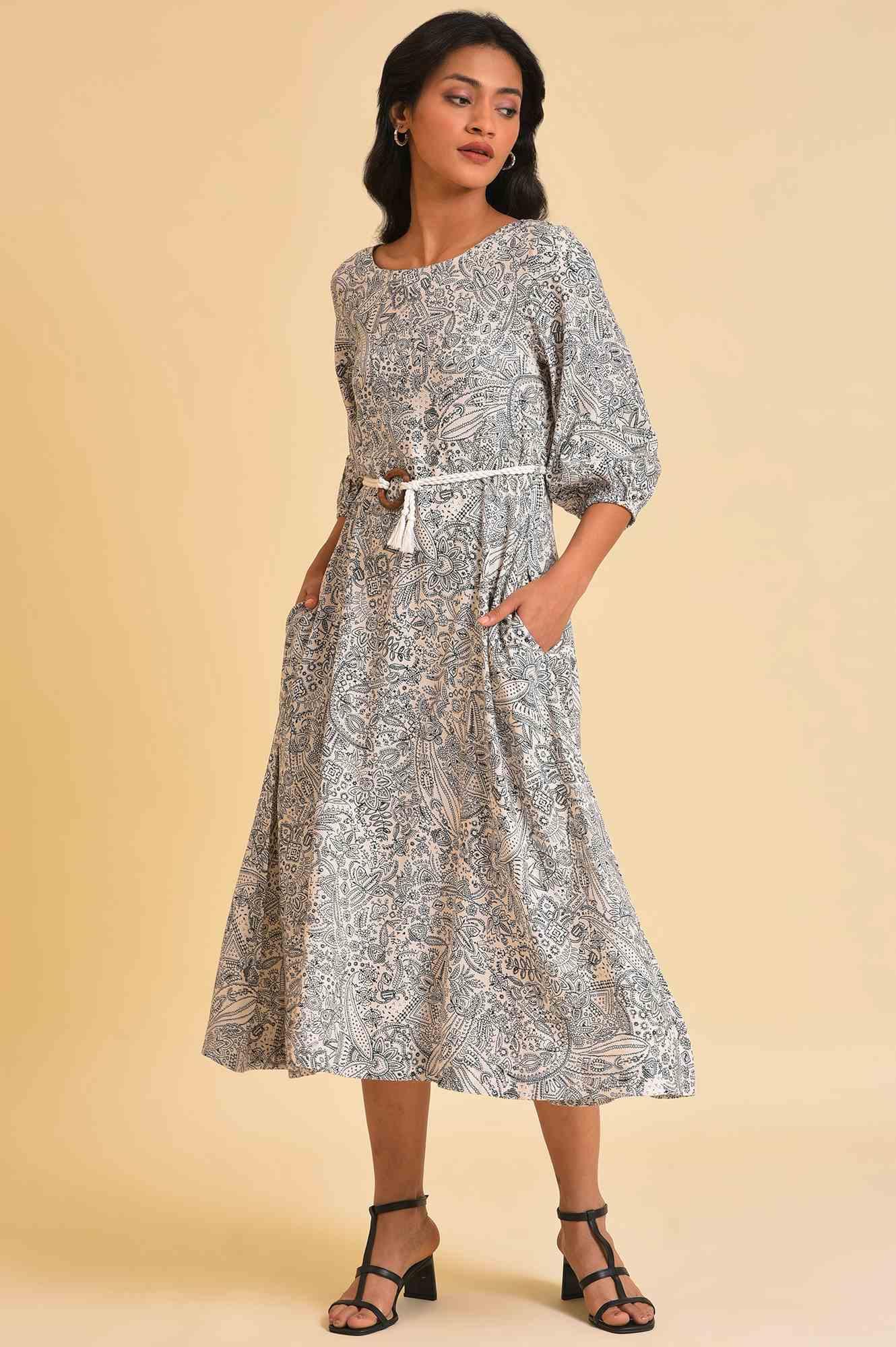 Ecru Printed Rayon Moss Dress With Belt - Image 6