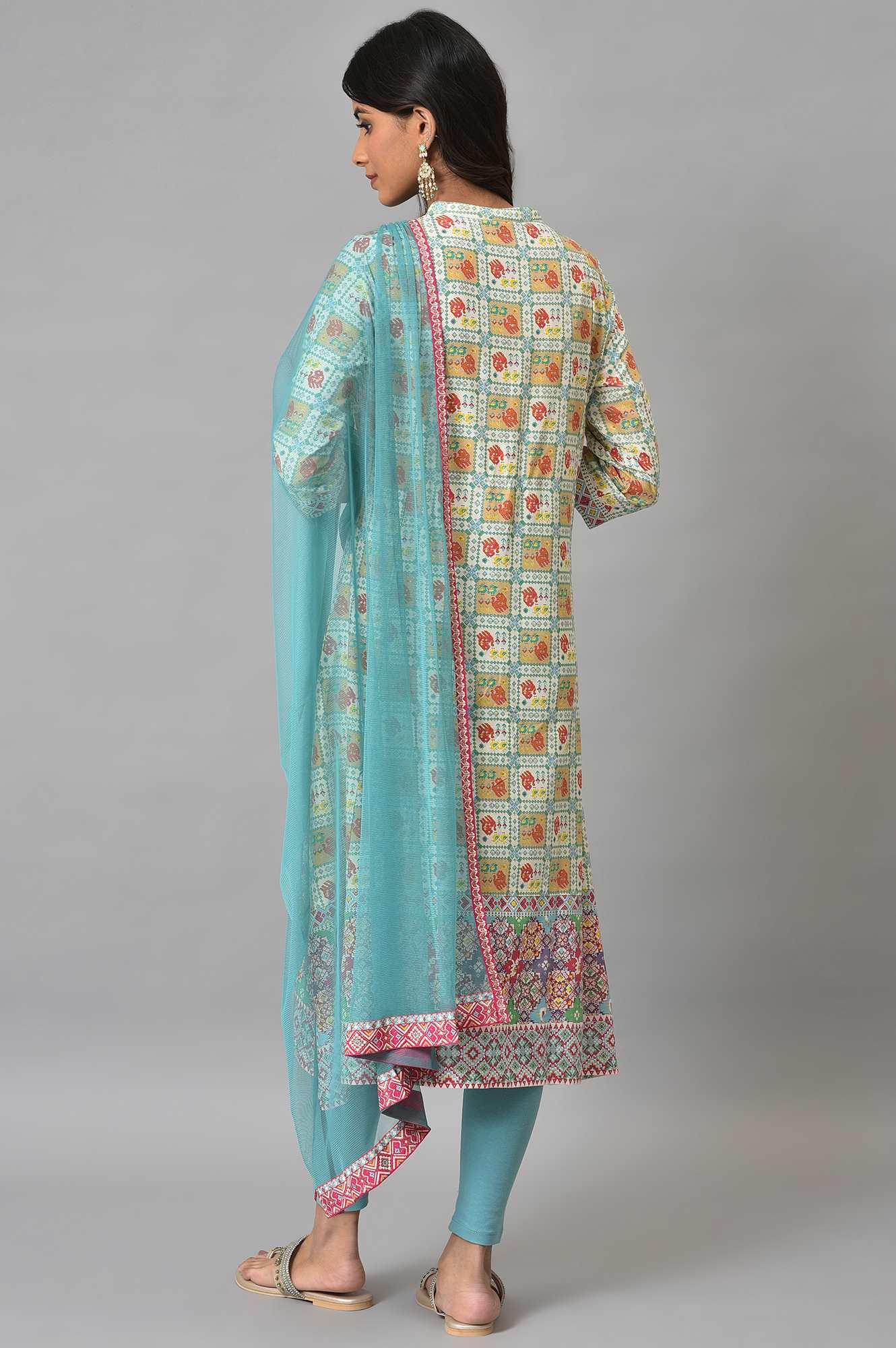 Ecru Printed Shirt kurta With Light Blue Tights And Dupatta - Image 2