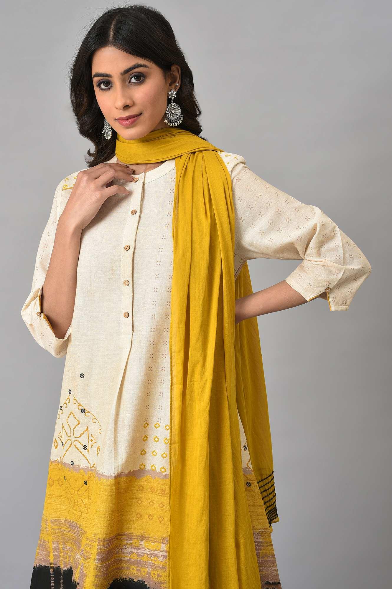 Ecru Printed Shirt kurta With Yellow Straight Pants - Image 5