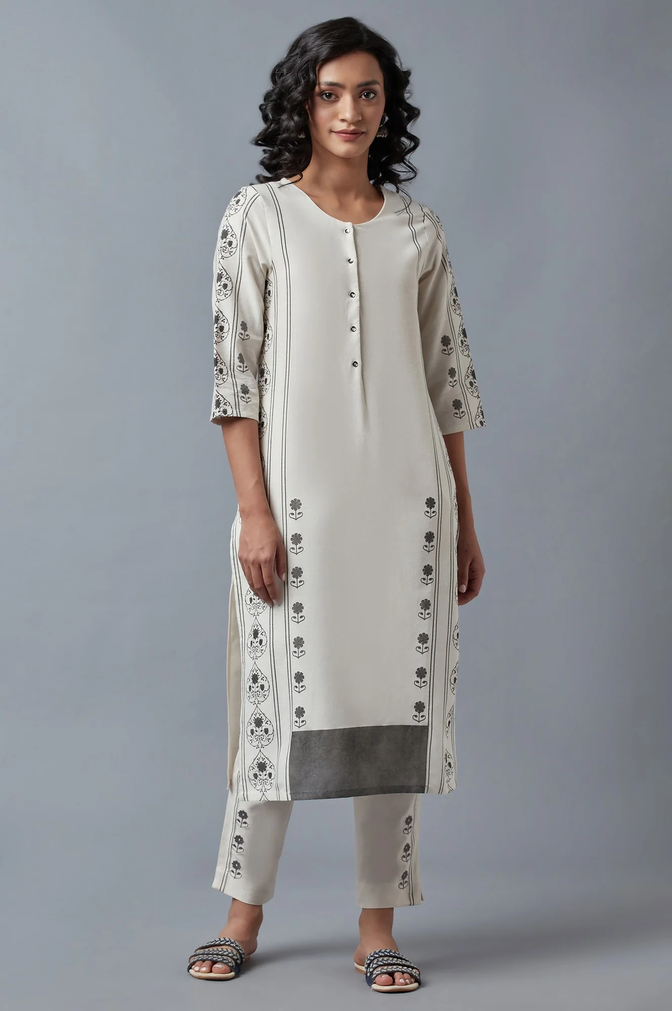 Ecru Printed Straight kurta