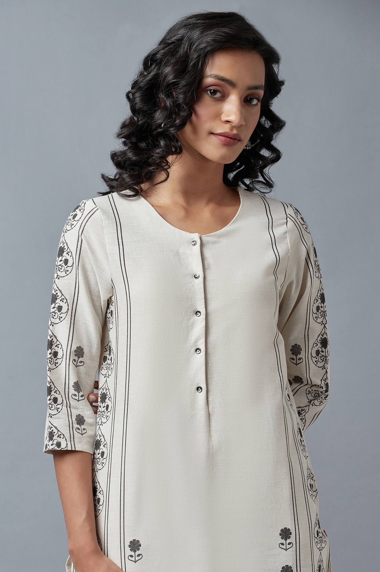 Ecru Printed Straight kurta - Image 5