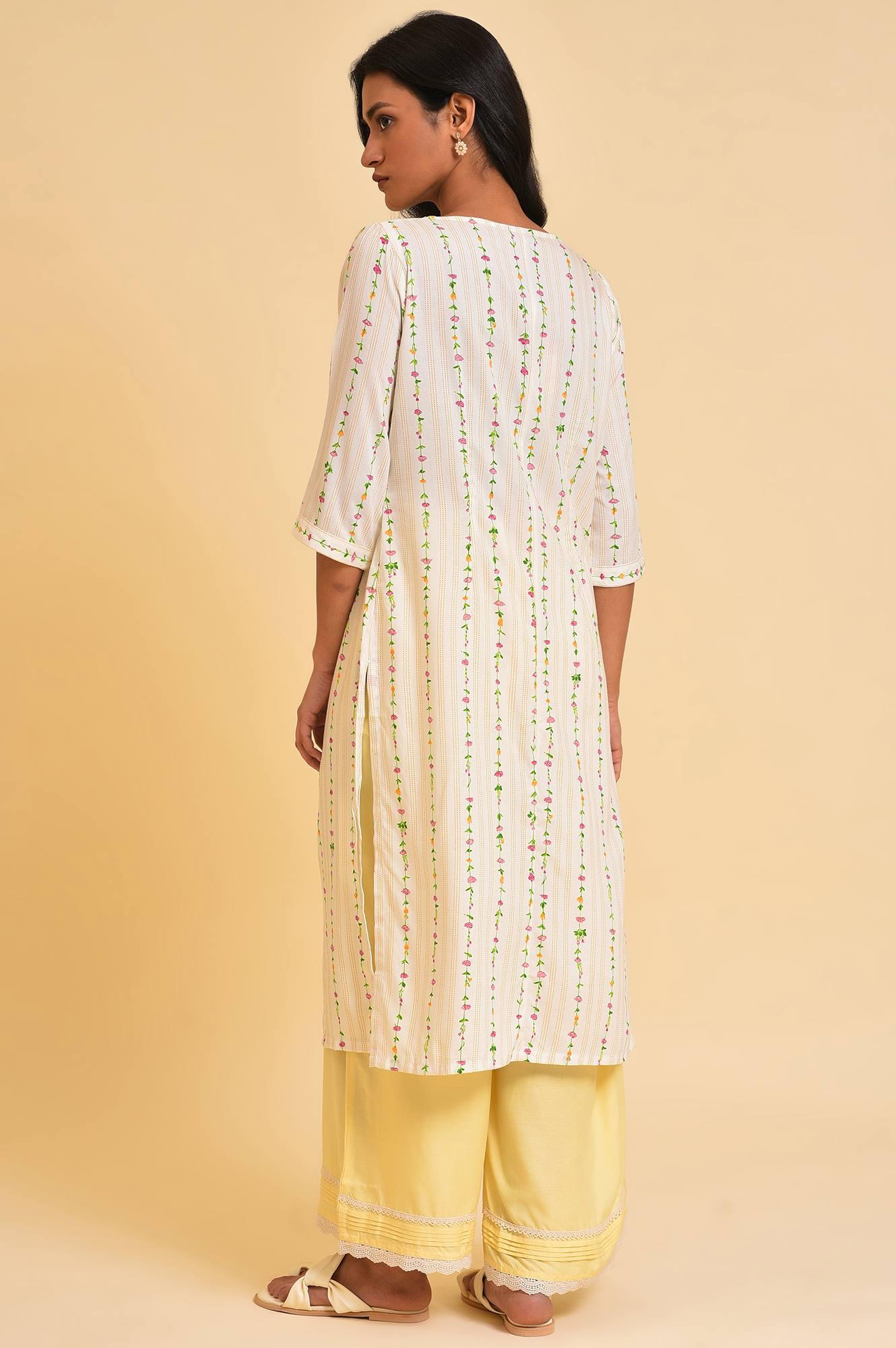 Ecru Printed Straight kurta With Lace Placket - Image 2