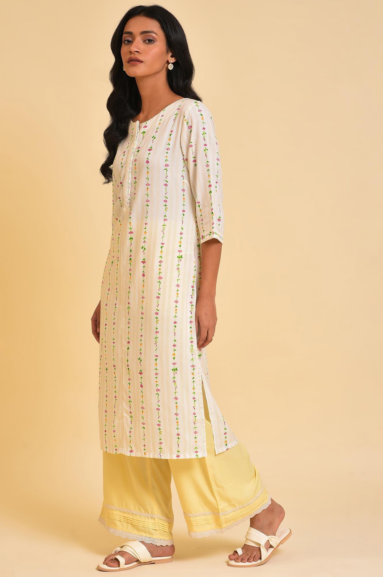 Ecru Printed Straight kurta With Lace Placket - Image 3