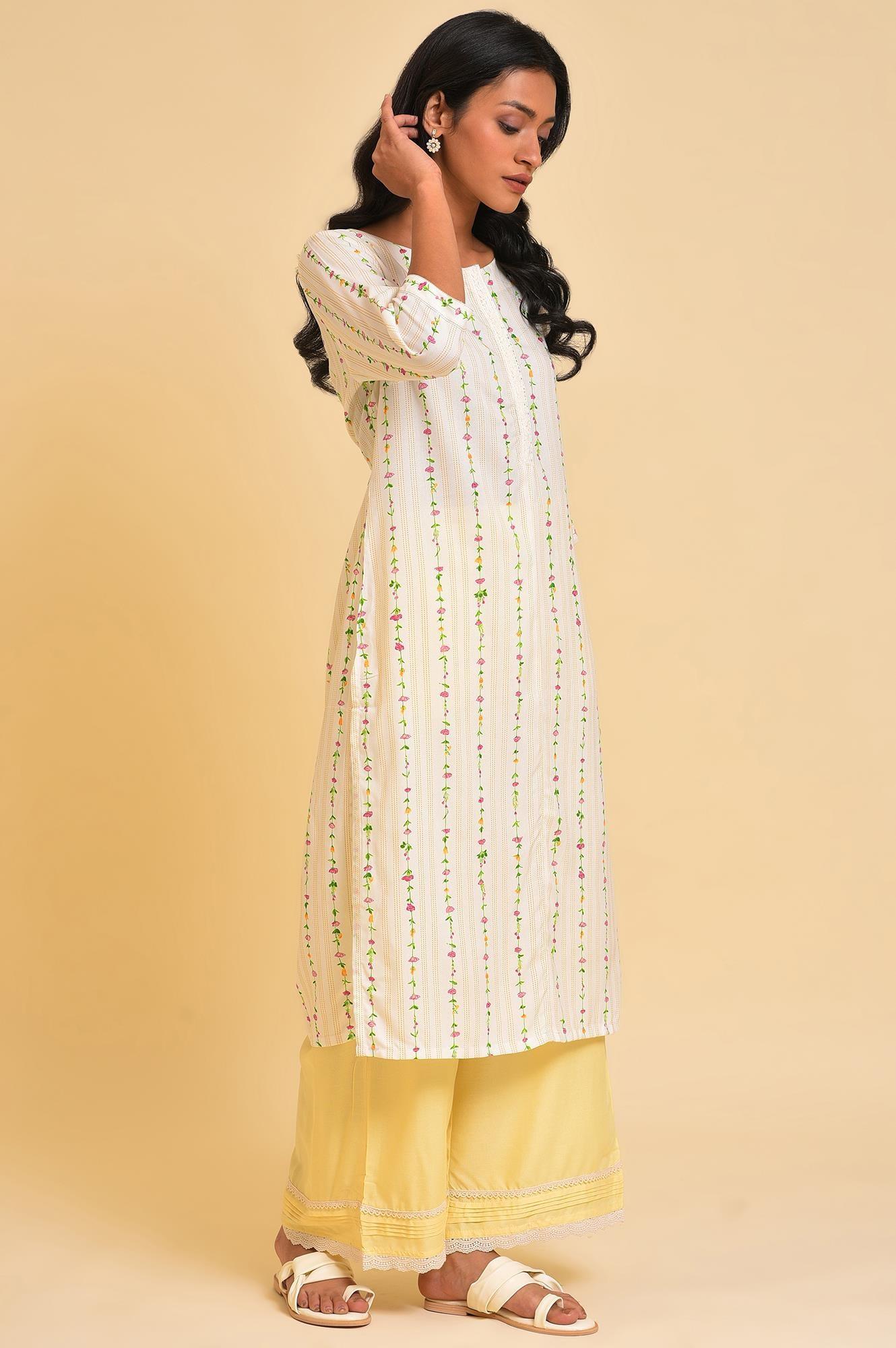 Ecru Printed Straight kurta With Lace Placket - Image 4