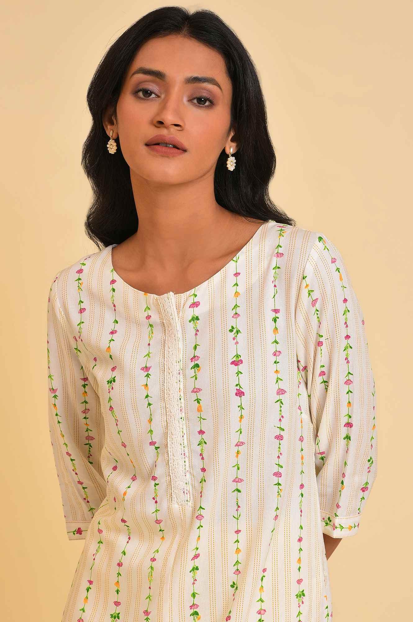 Ecru Printed Straight kurta With Lace Placket - Image 5