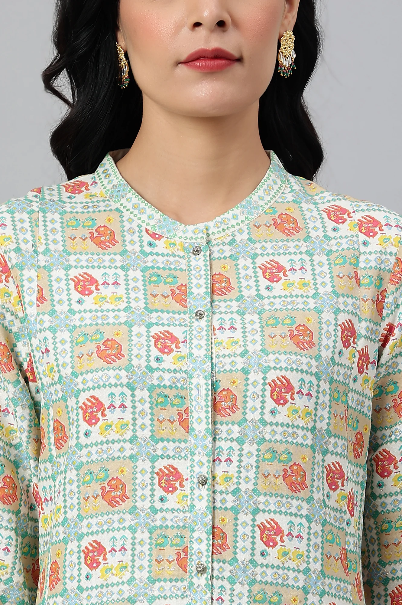 Ecru Printed Thread Work Rayon A-Line Kurta and Slim Pant Set - Image 2