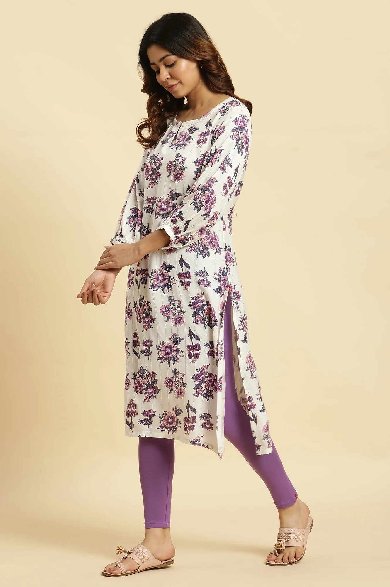Ecru Relaxed Fit Straight Kurta with Purple Floral Print - Image 3