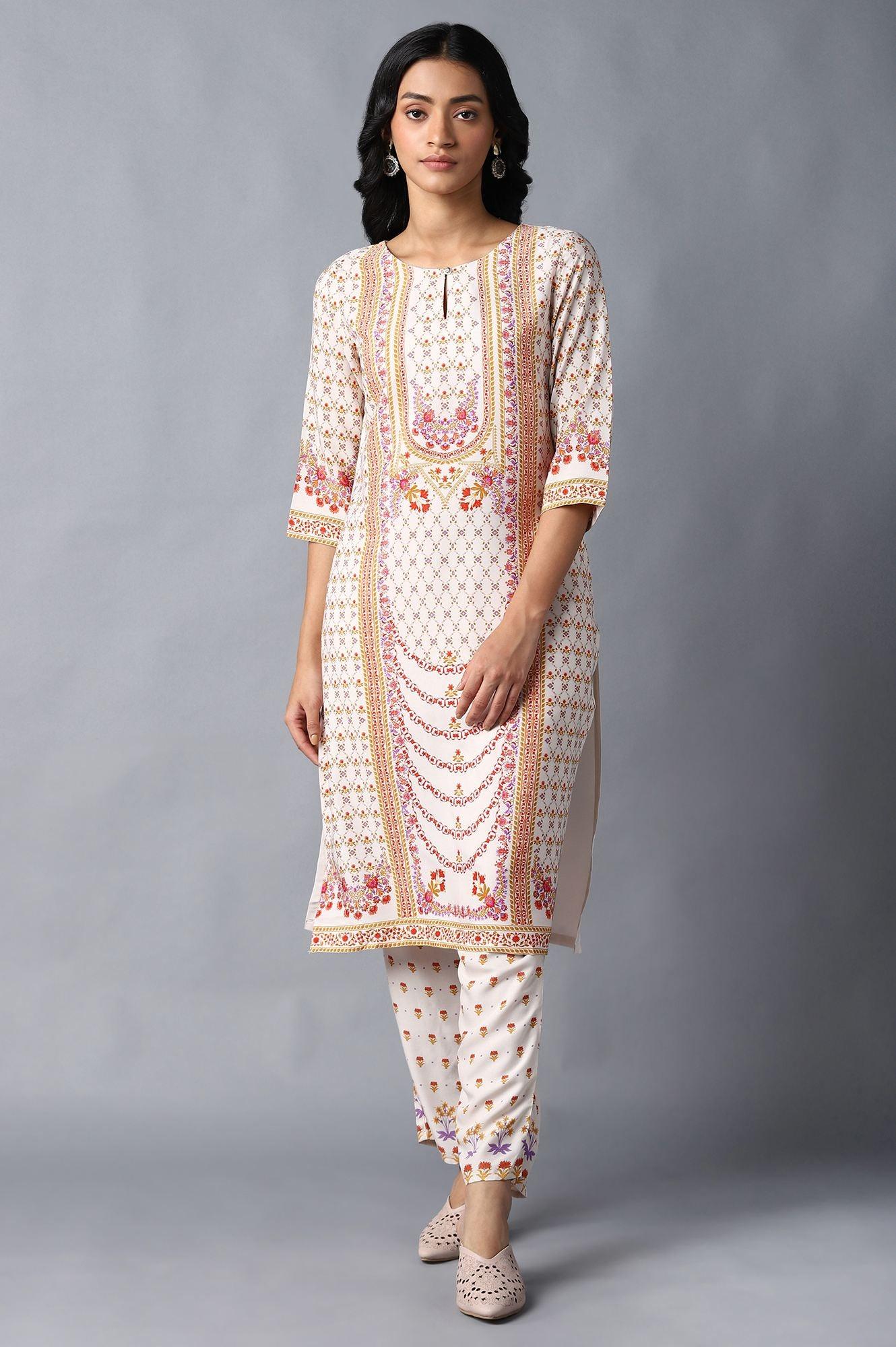Ecru Round Neck kurta With Multicoloured Floral Print - Image 2