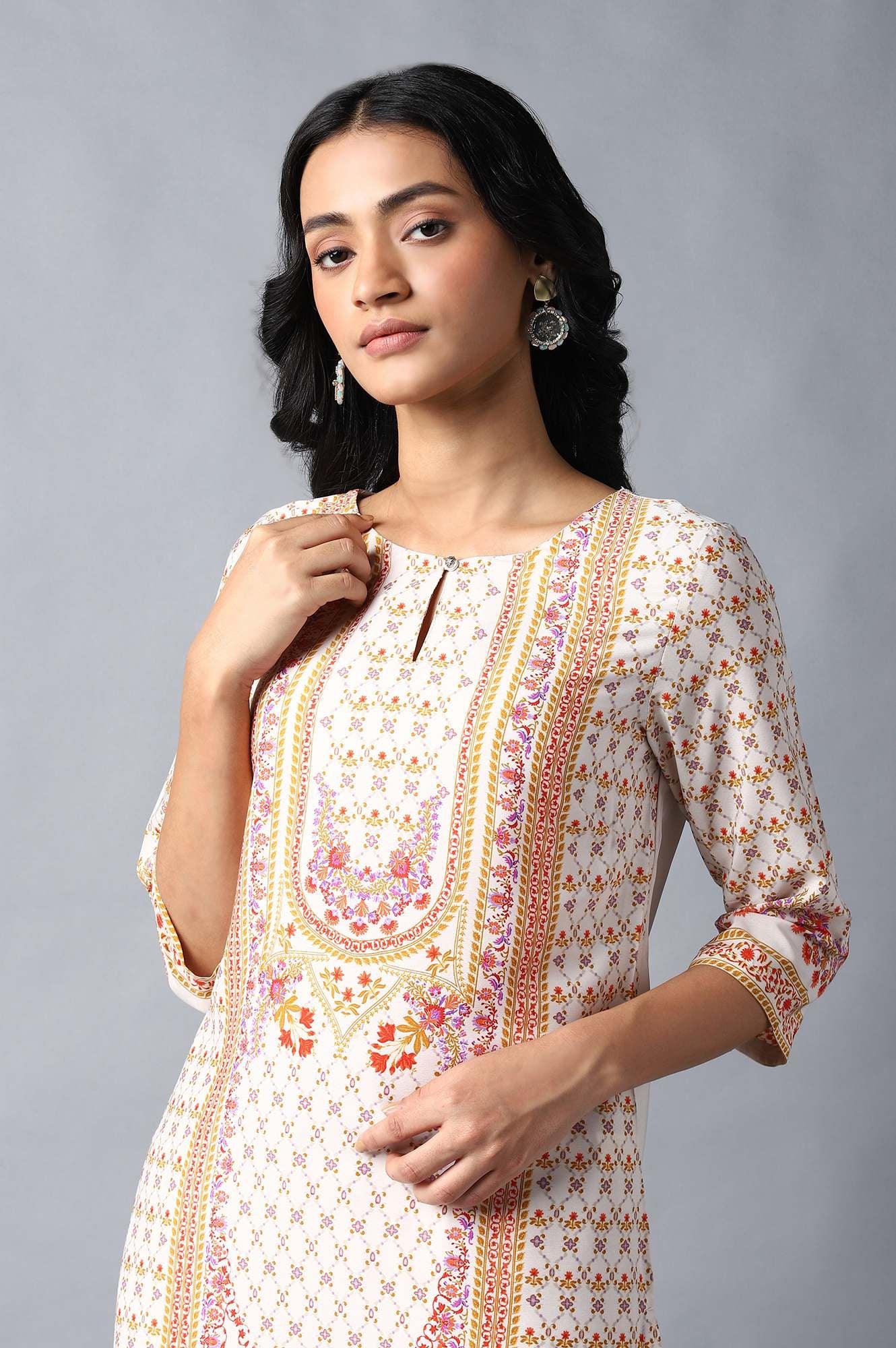 Ecru Round Neck kurta With Multicoloured Floral Print - Image 6