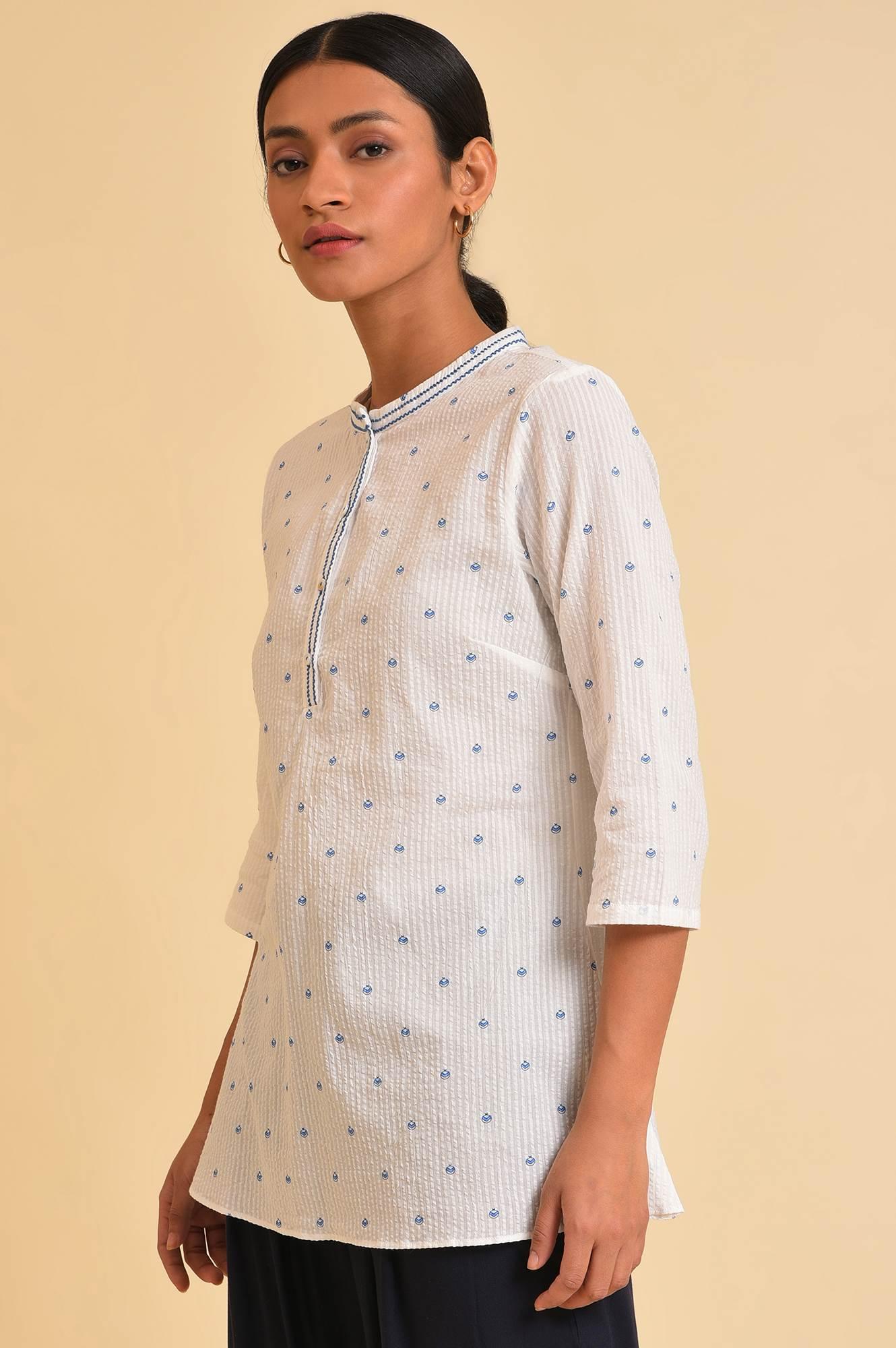 White Printed Textured Cotton Top - Image 3
