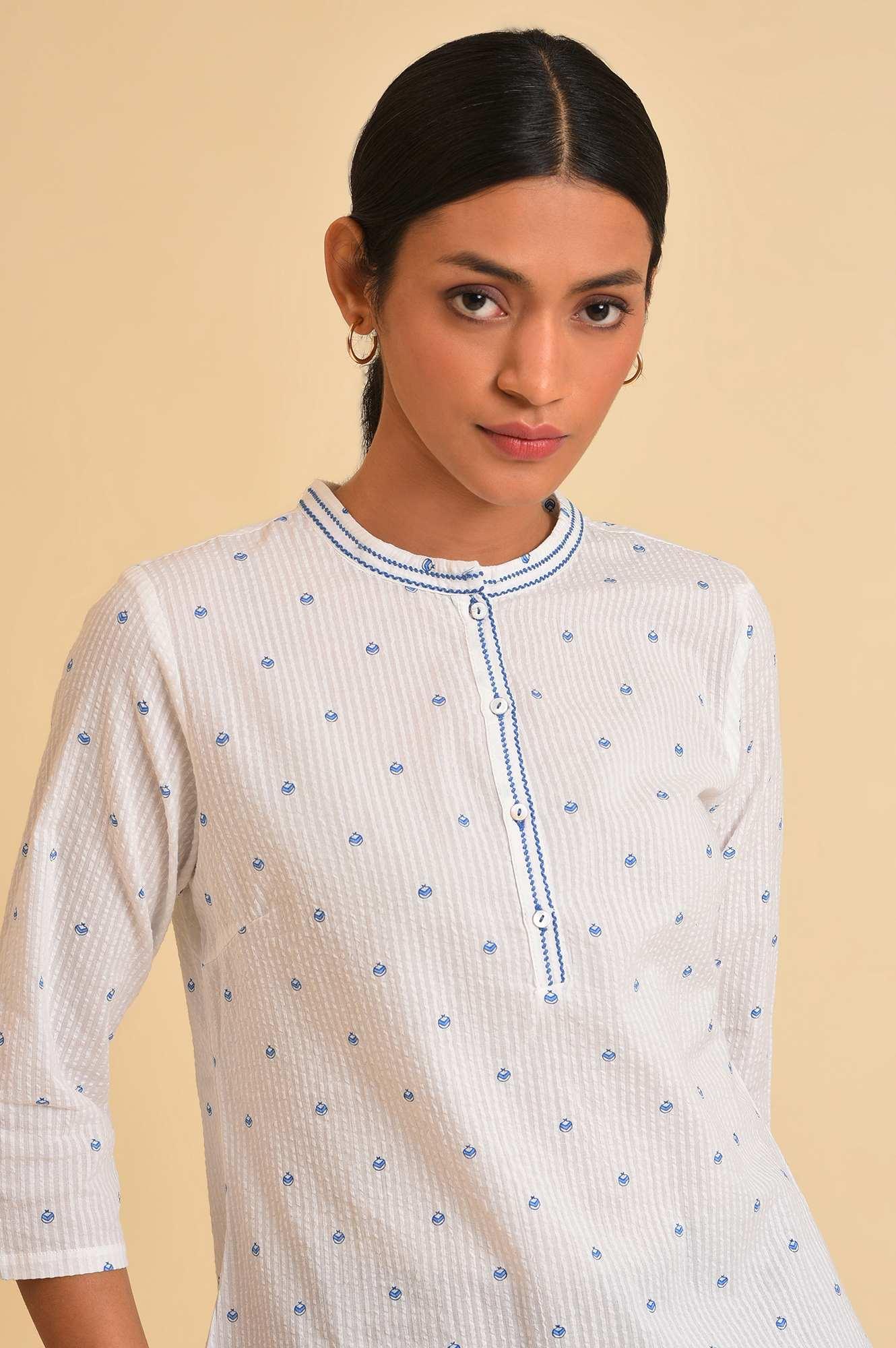 White Printed Textured Cotton Top - Image 5