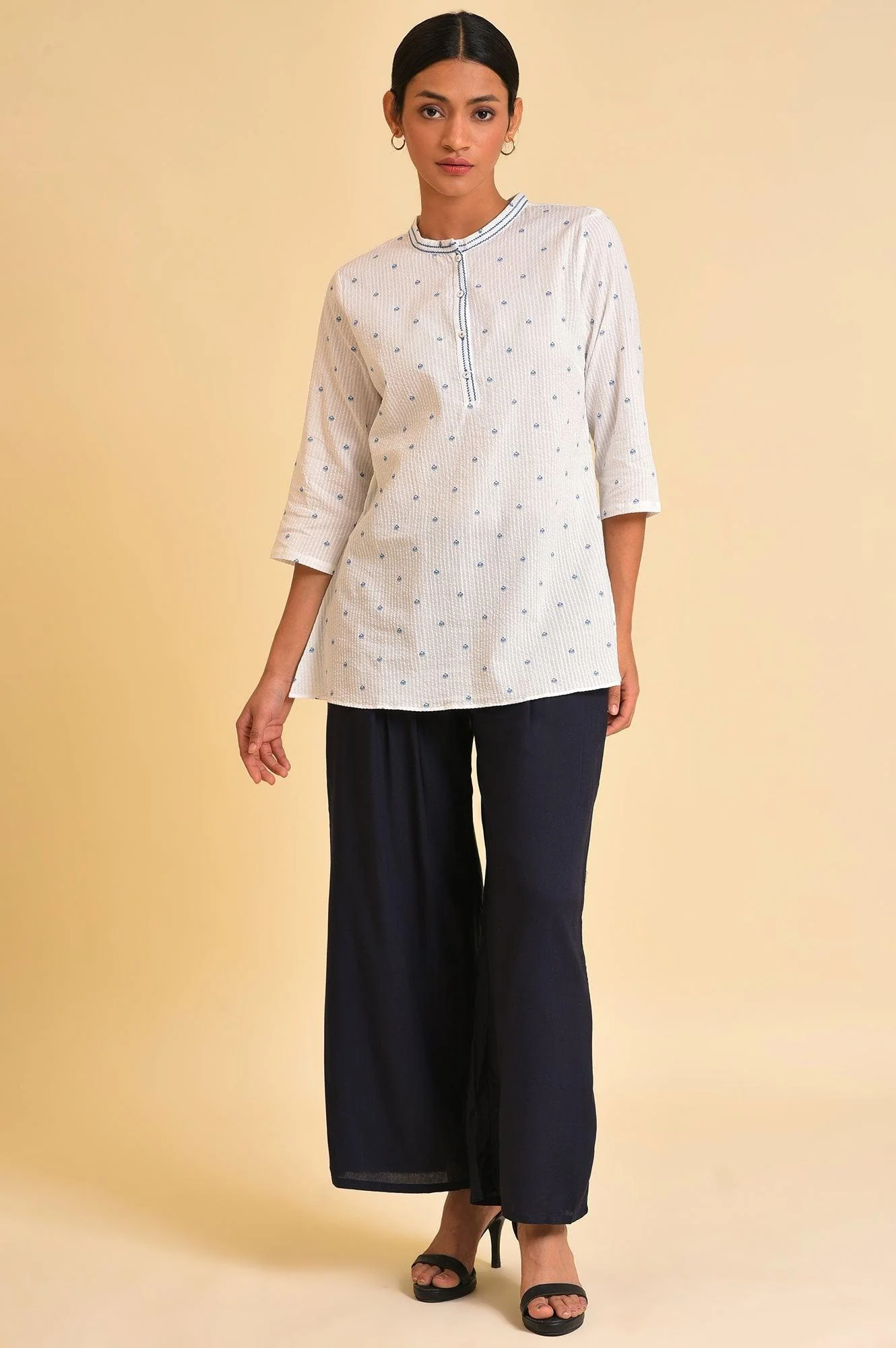 White Printed Textured Cotton Top - Image 6