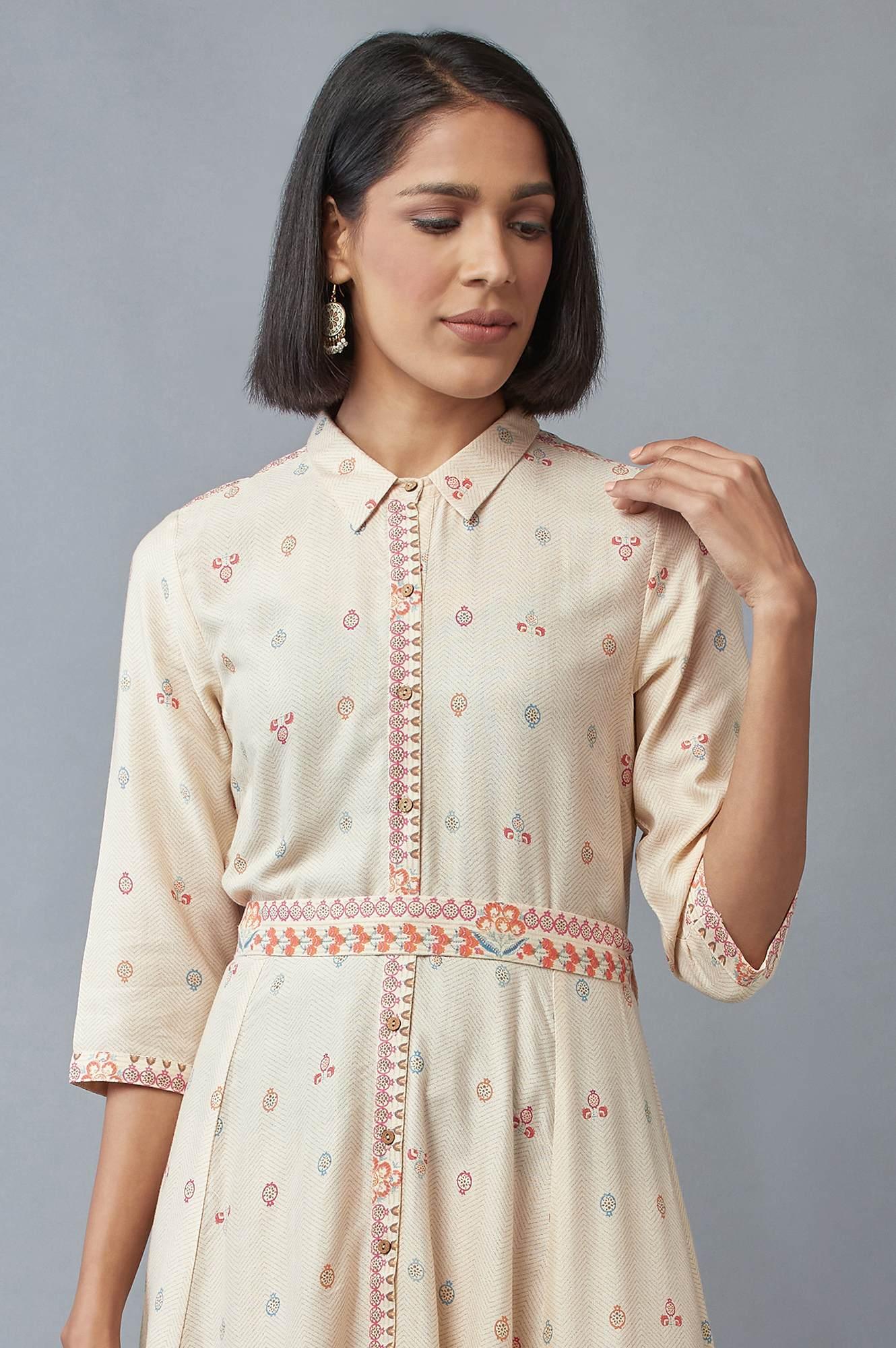 Ecru Cotton Shirt-Collar Midi Dress - Image 5