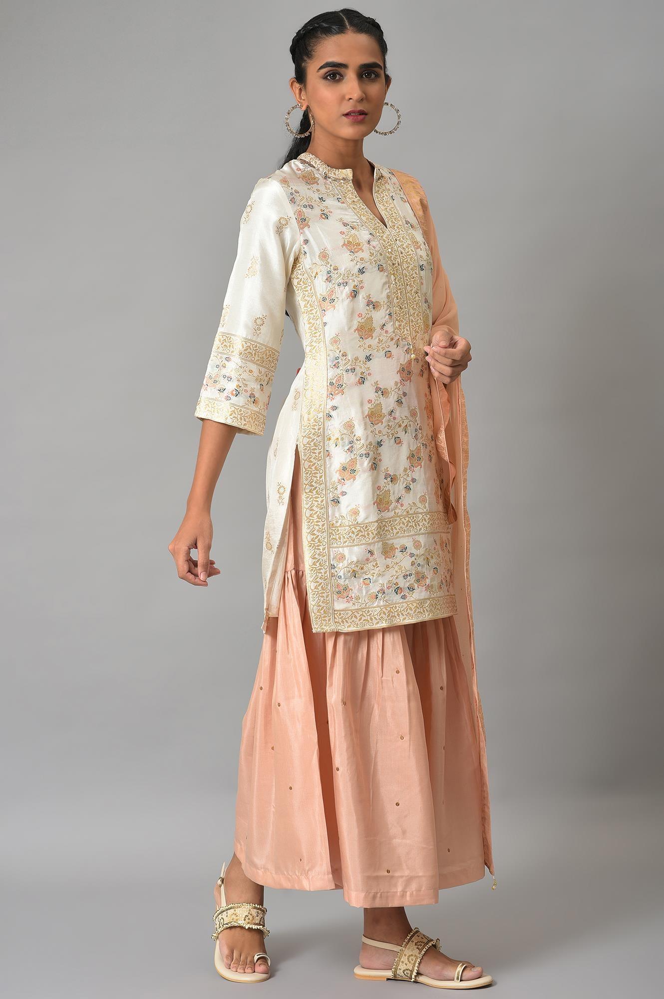 Ecru Short kurta And Pink Sharara With Dupatta Festive Set - Image 4