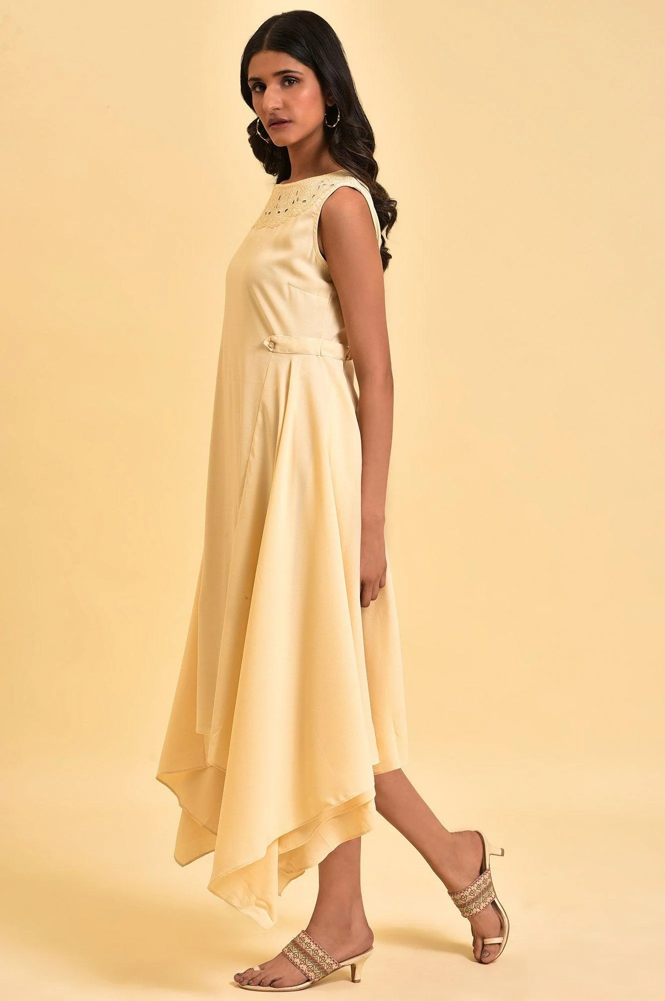 Ecru Sleeveless Asymmetrical Embroidered Dress - Image 3