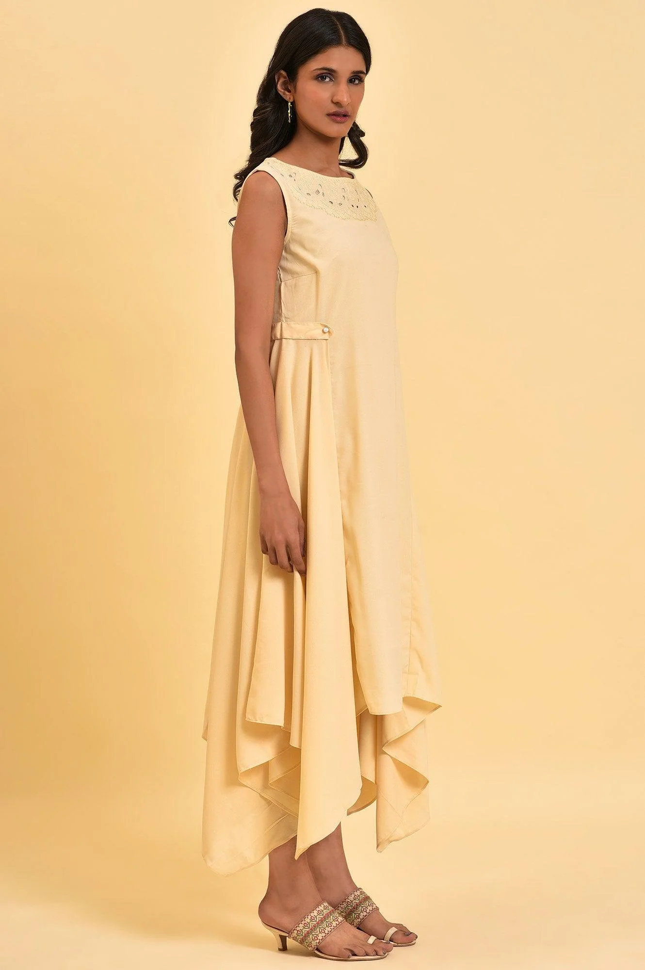 Ecru Sleeveless Asymmetrical Embroidered Dress - Image 4