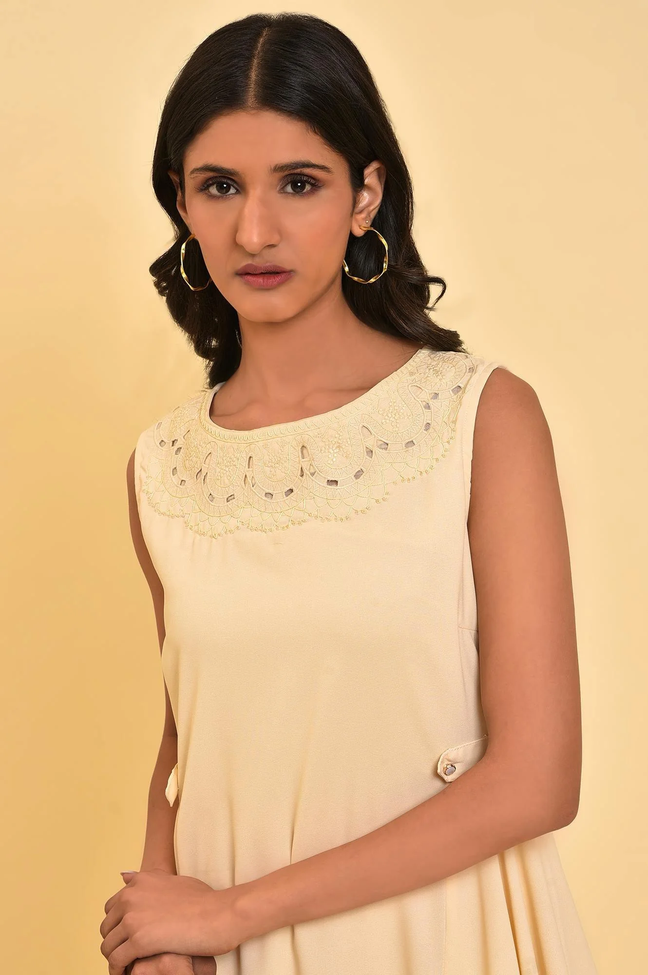 Ecru Sleeveless Asymmetrical Embroidered Dress - Image 5