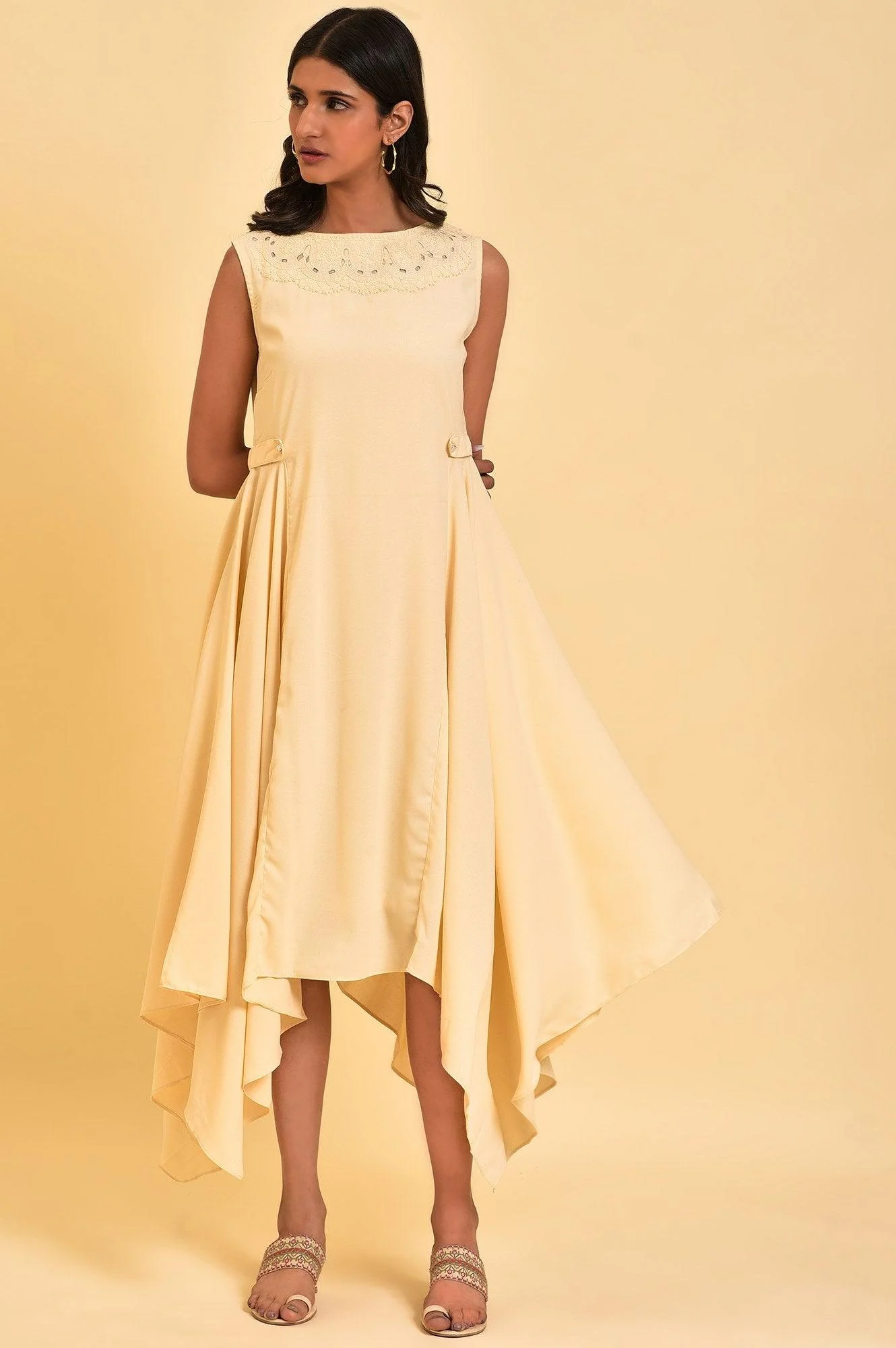 Ecru Sleeveless Asymmetrical Embroidered Dress - Image 6