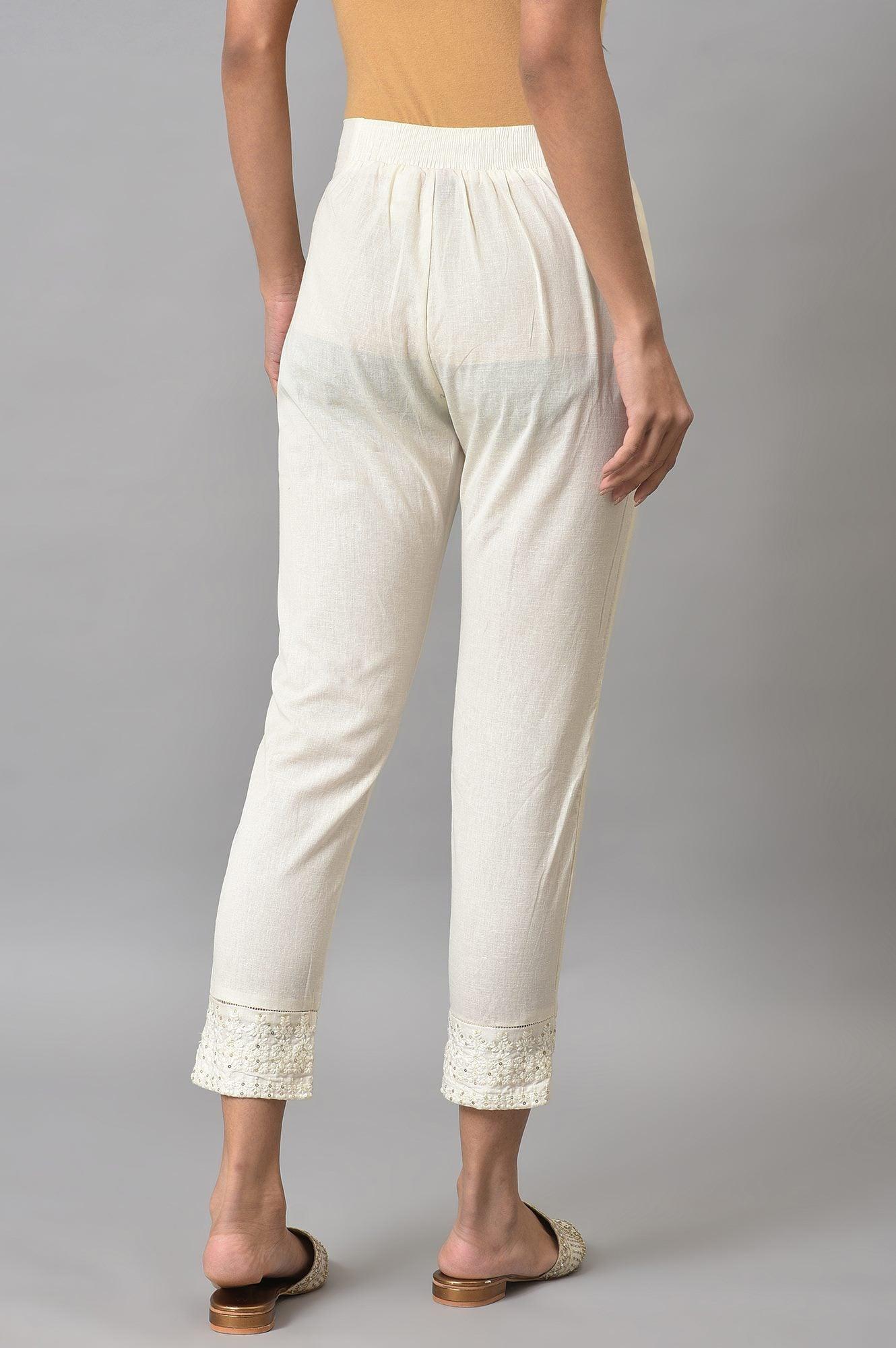 Ecru Slim Pants with Embroidered Hem - Image 2