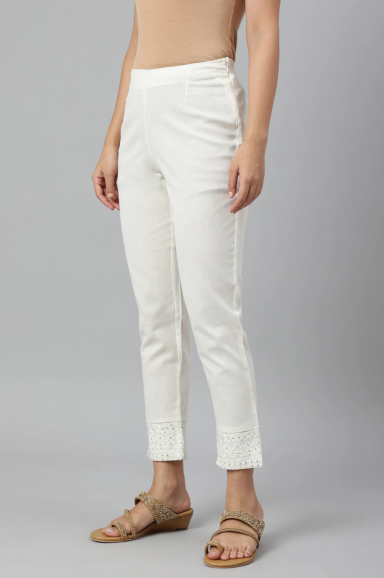 Ecru Slim Pants With Embroidered Hem - Image 2