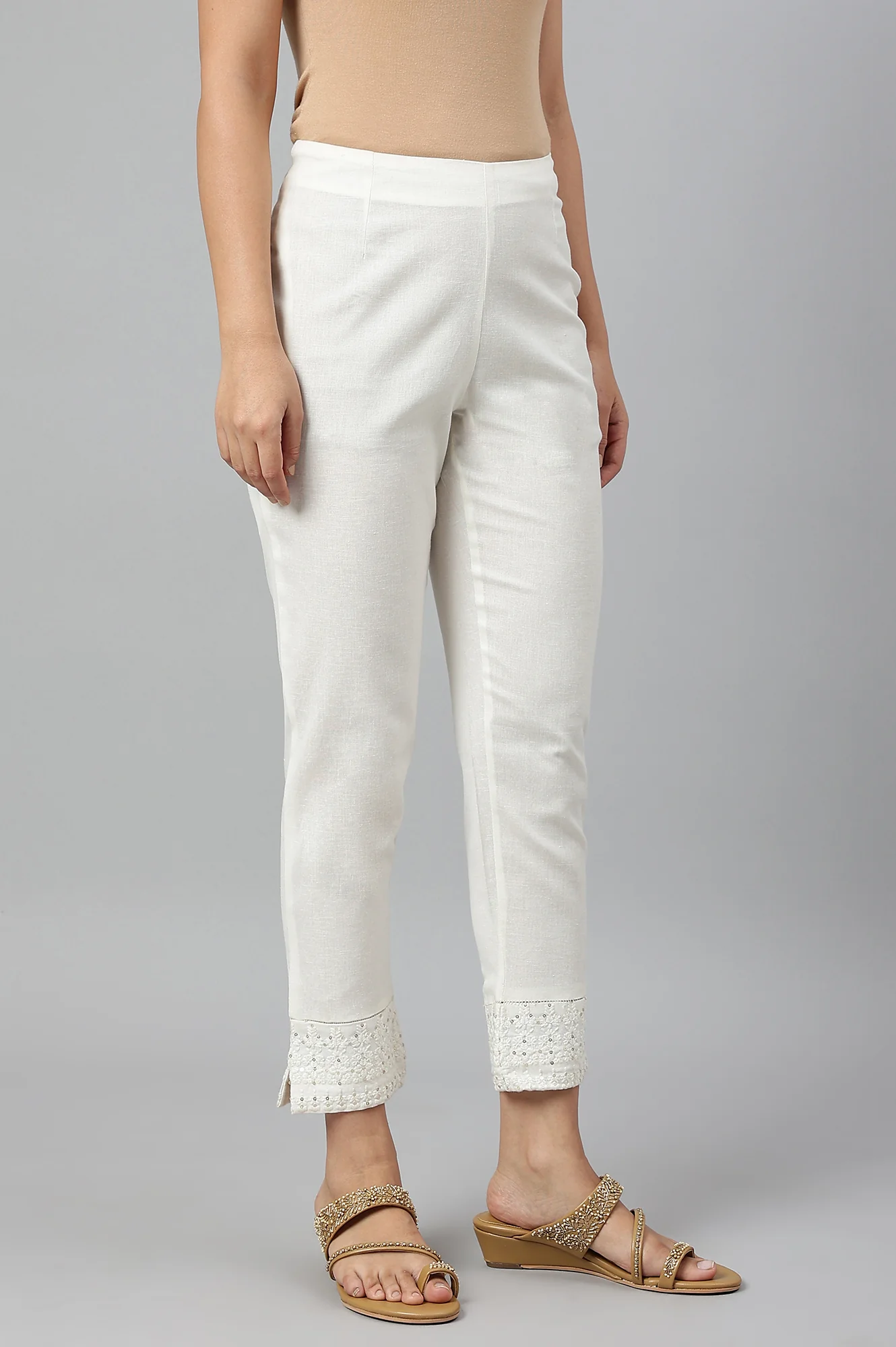 Ecru Slim Pants With Embroidered Hem - Image 3