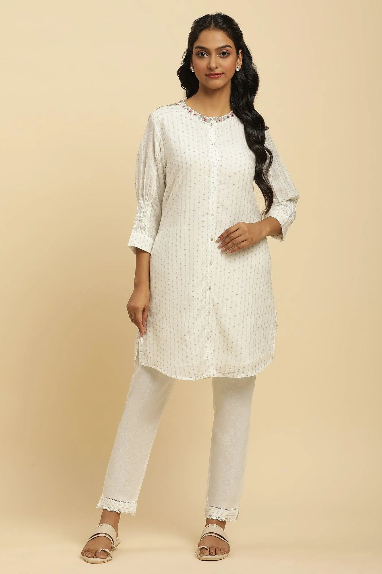 Ecru Smocked Sleeves Embroidered Tunic - Image 2