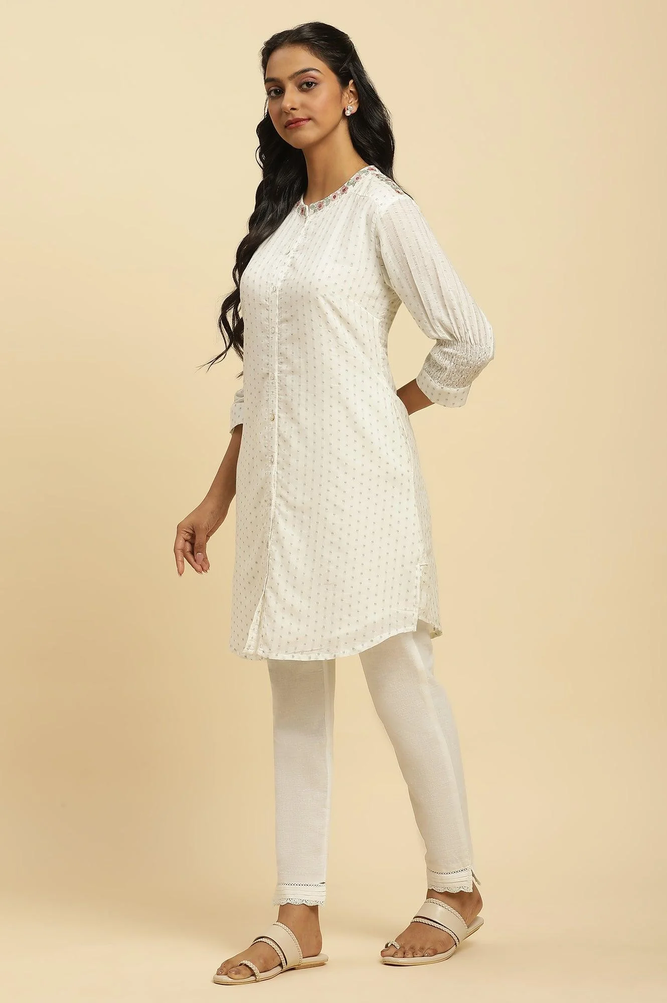 Ecru Smocked Sleeves Embroidered Tunic - Image 3