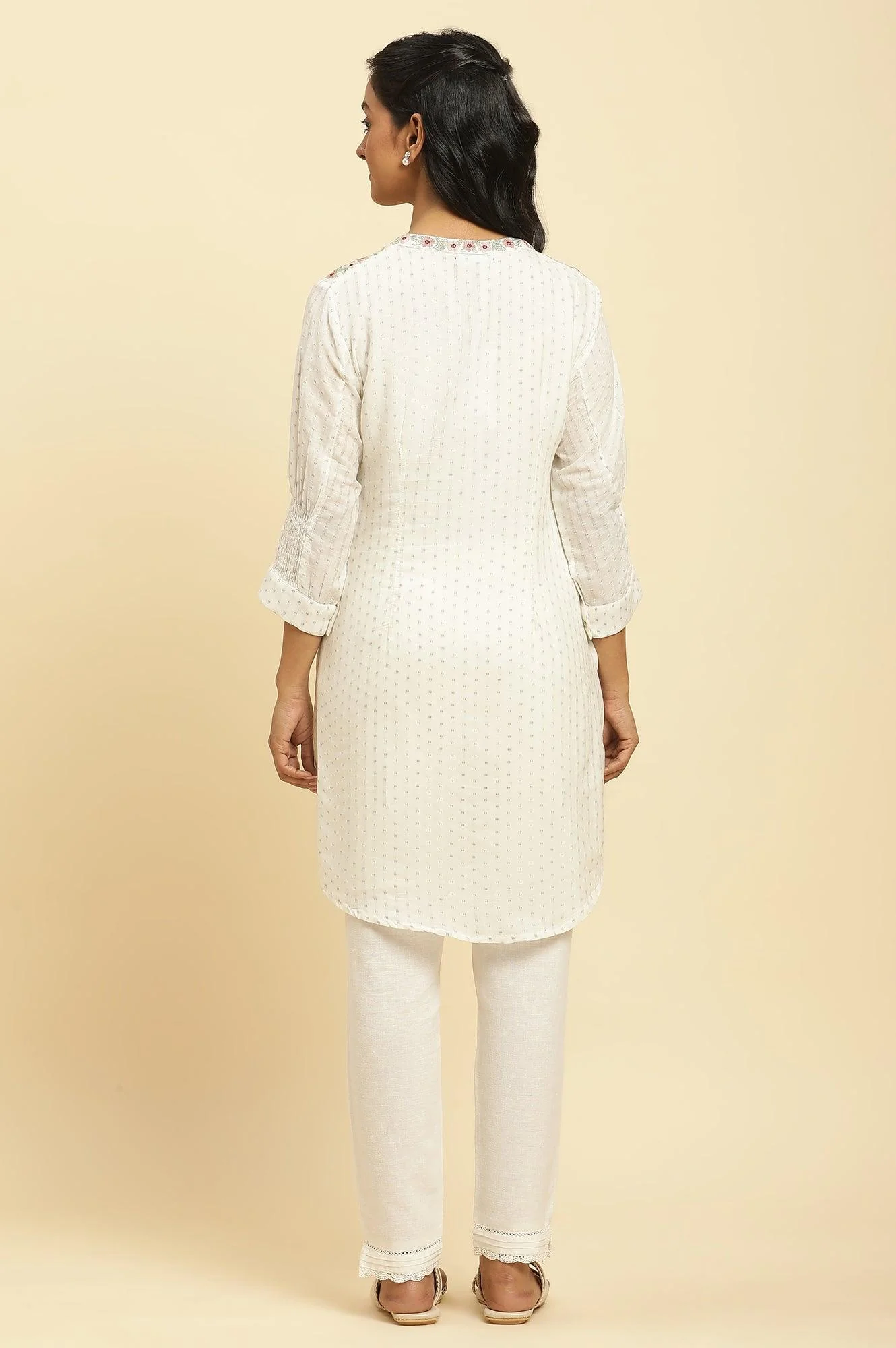 Ecru Smocked Sleeves Embroidered Tunic - Image 4