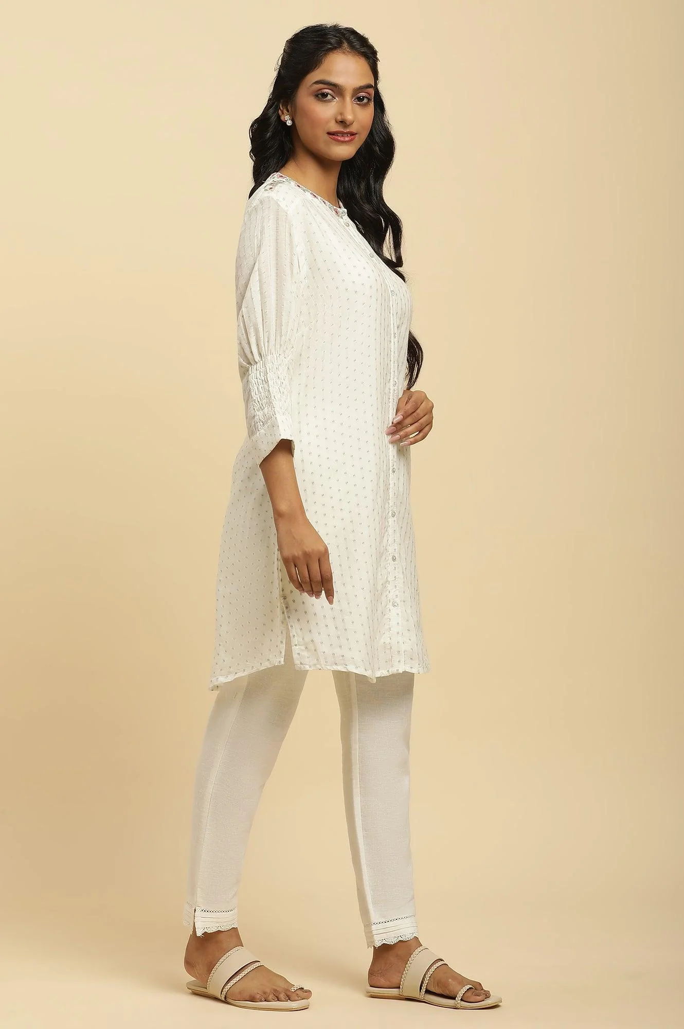 Ecru Smocked Sleeves Embroidered Tunic - Image 5