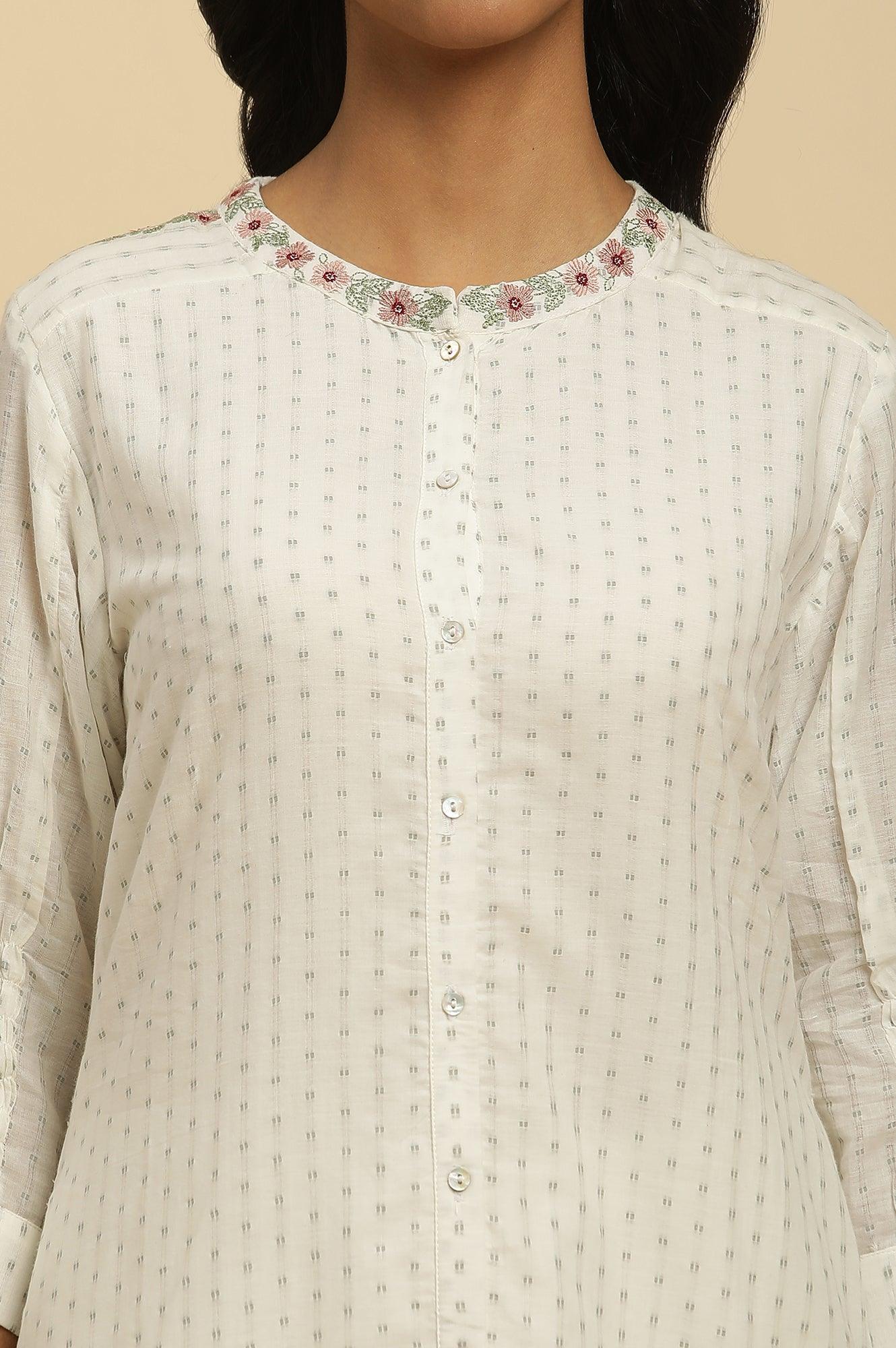 Ecru Smocked Sleeves Embroidered Tunic - Image 6