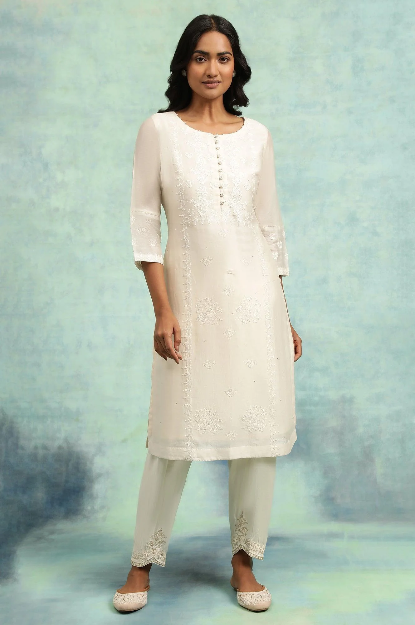 Ecru Solid Salwar With Gold Embroidery At Hem - Image 5