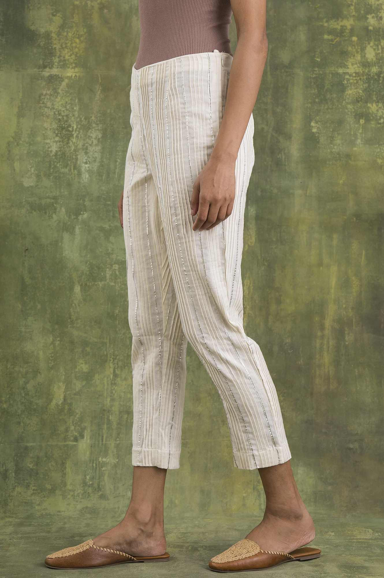 Ecru Solid Slim Pants - Image 3
