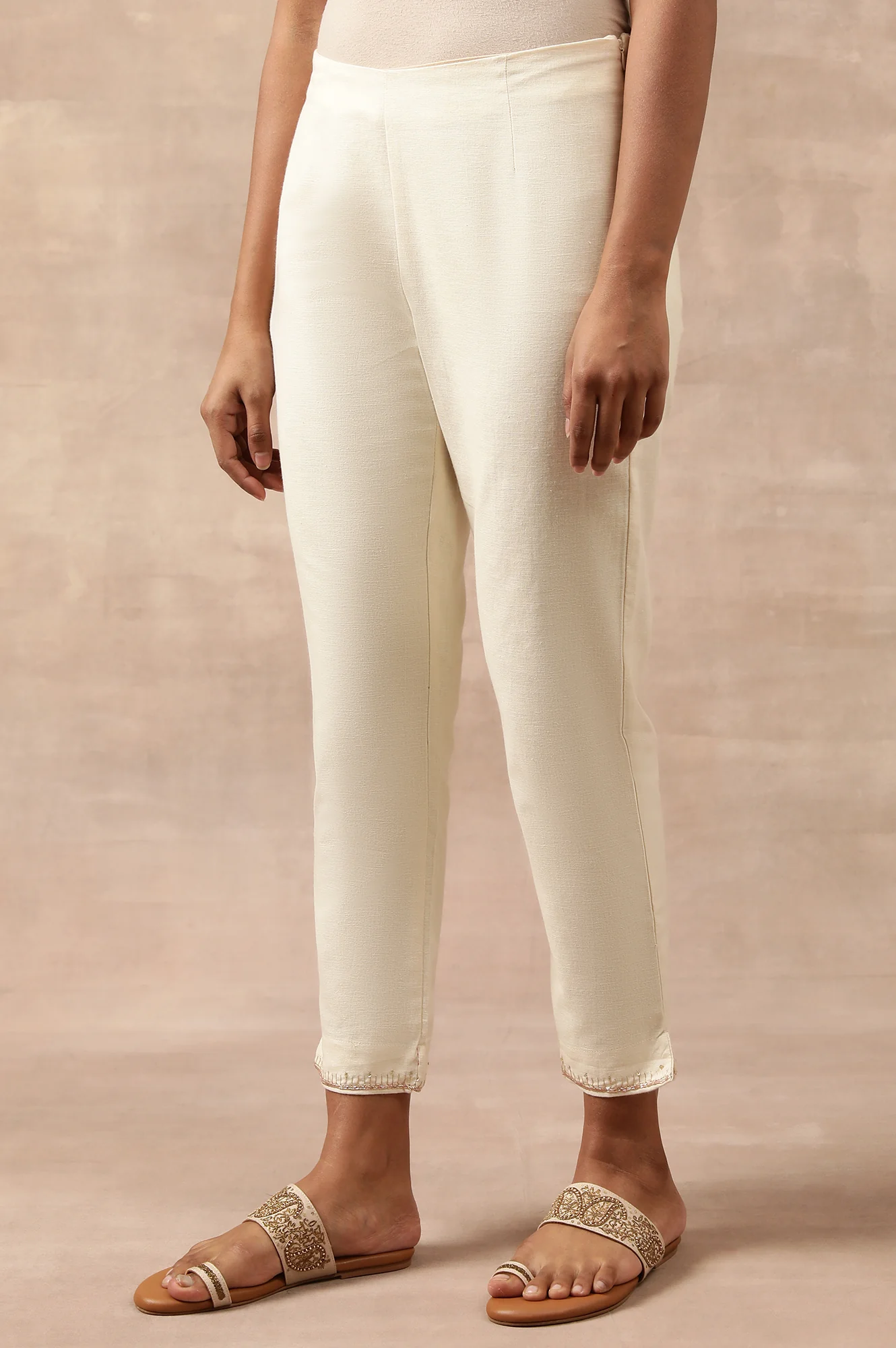 Ecru Solid Slim Pants In Cotton Flax - Image 2
