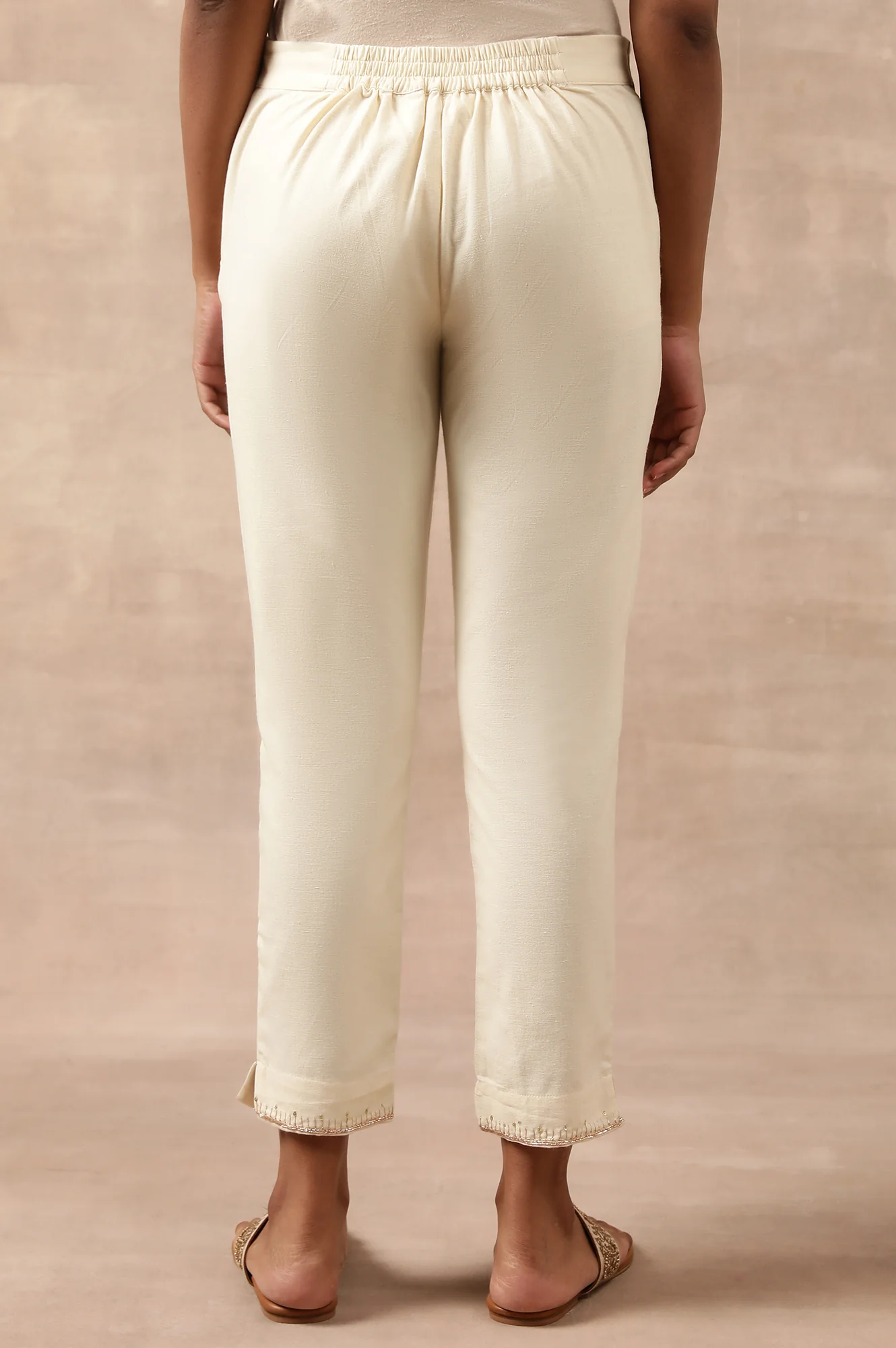 Ecru Solid Slim Pants In Cotton Flax - Image 4