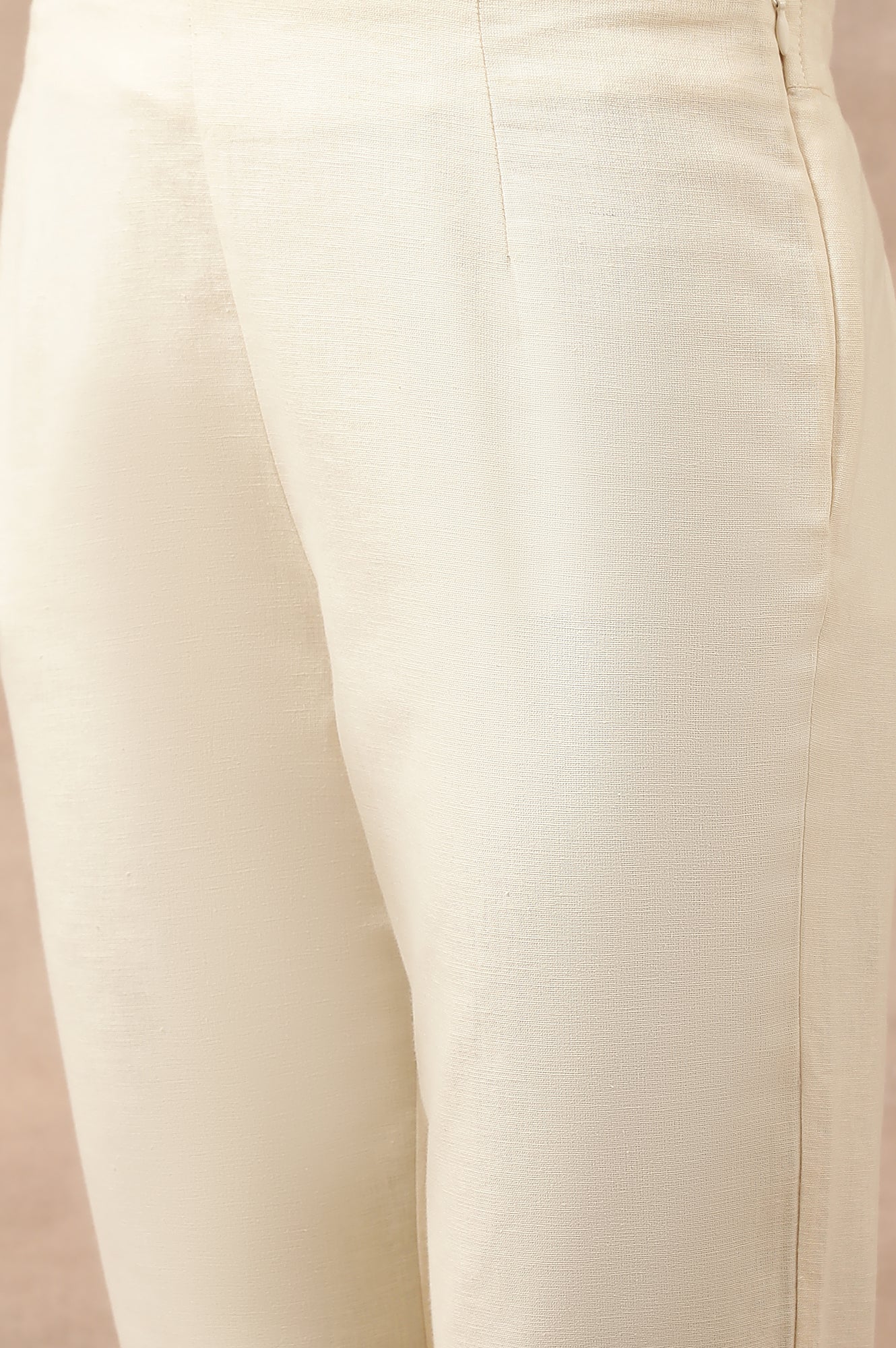 Ecru Solid Slim Pants In Cotton Flax - Image 6